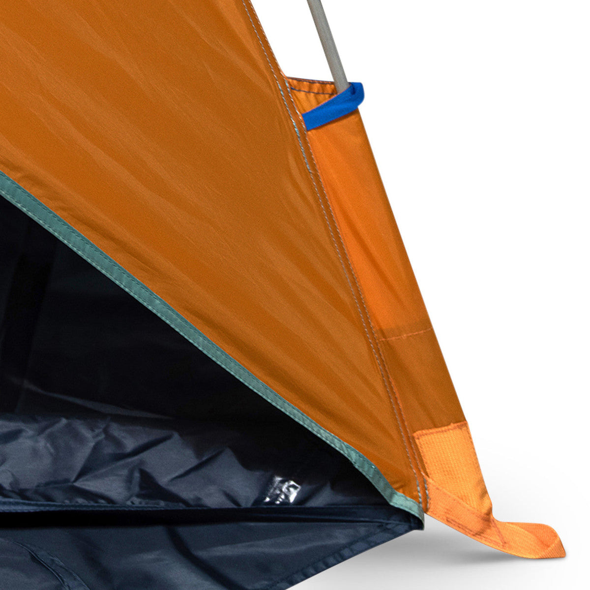 Close up of Kelty Cabana shelter, showing poles inserted into sleeves at bottom of tent