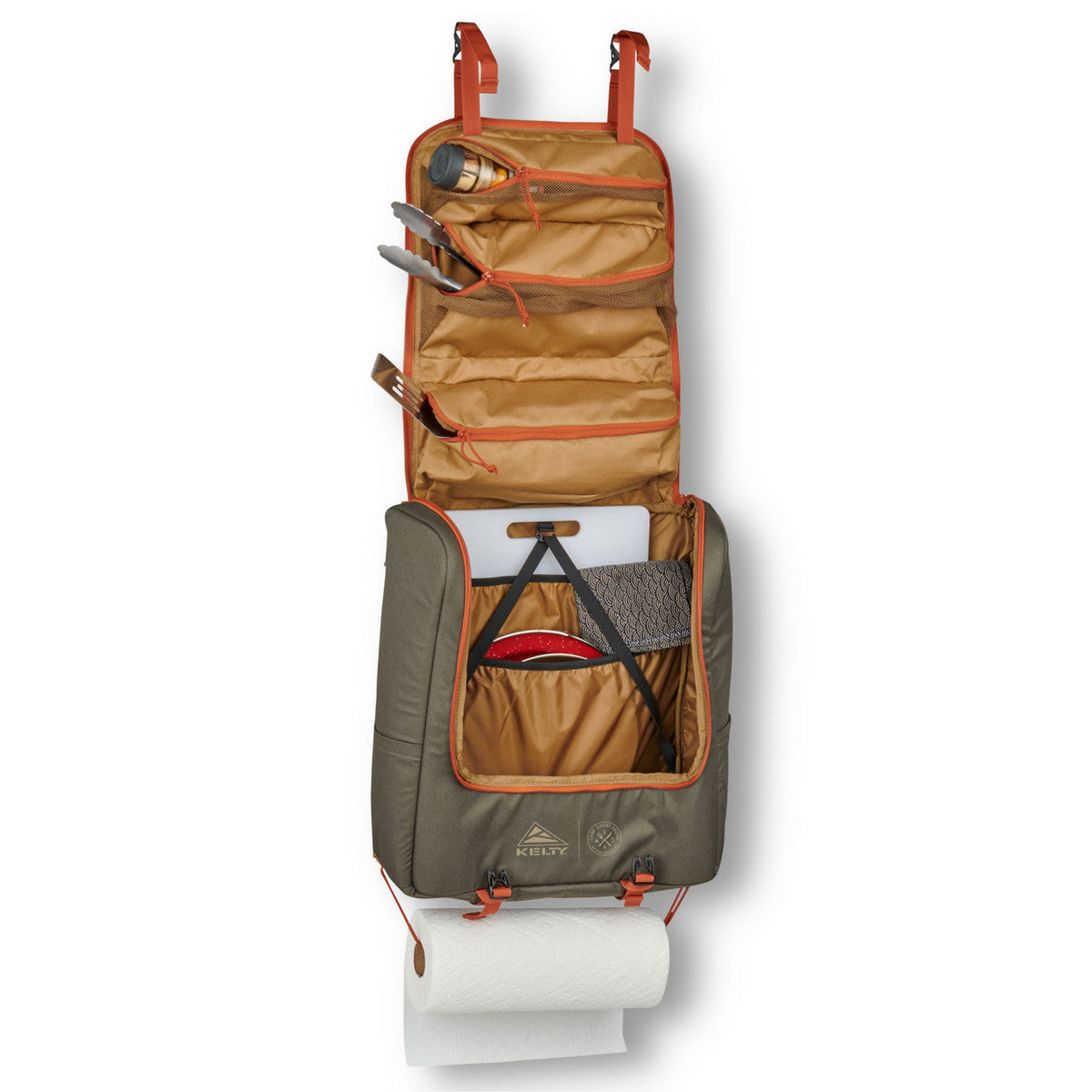 Kelty Camp Galley Deluxe, front view, opened, with kitchen supplies in pockets