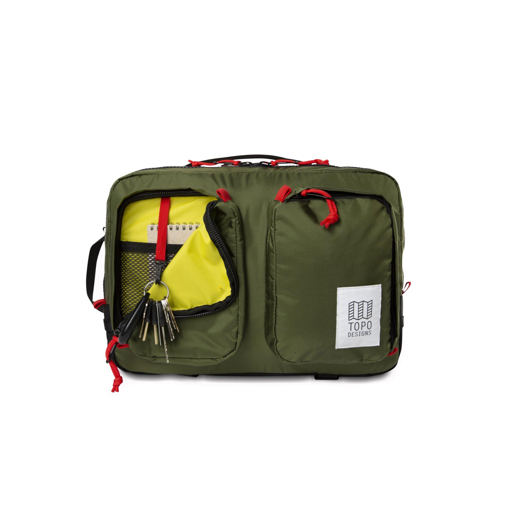Full front product shot of the global briefcase in olive showing use of the front zip pocket