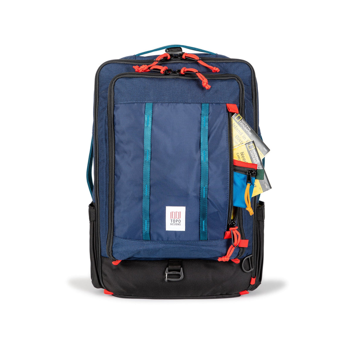 Topo Designs Global Travel Bag 30L Durable Carry On Convertible Laptop Travel Backpack in Navy blue with maps showing front zipper pocket.