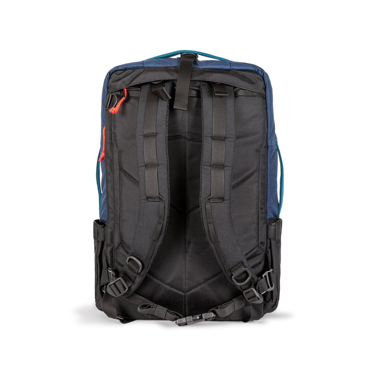Back of Topo Designs Global Travel Bag 30L Durable Carry On Convertible Laptop Travel Backpack in Navy blue.