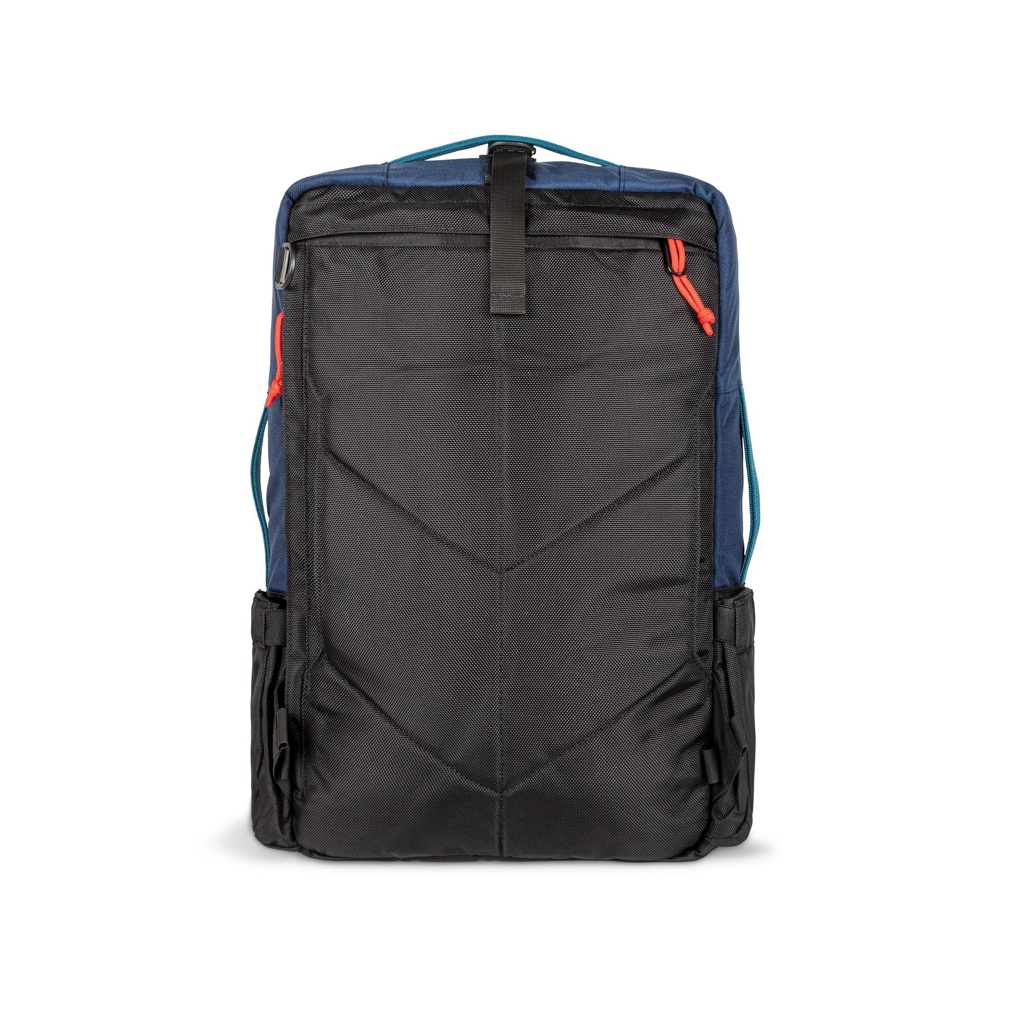 Back panel of Topo Designs Global Travel Bag 30L Durable Carry On Convertible Laptop Travel Backpack in Navy blue with straps tucked away.