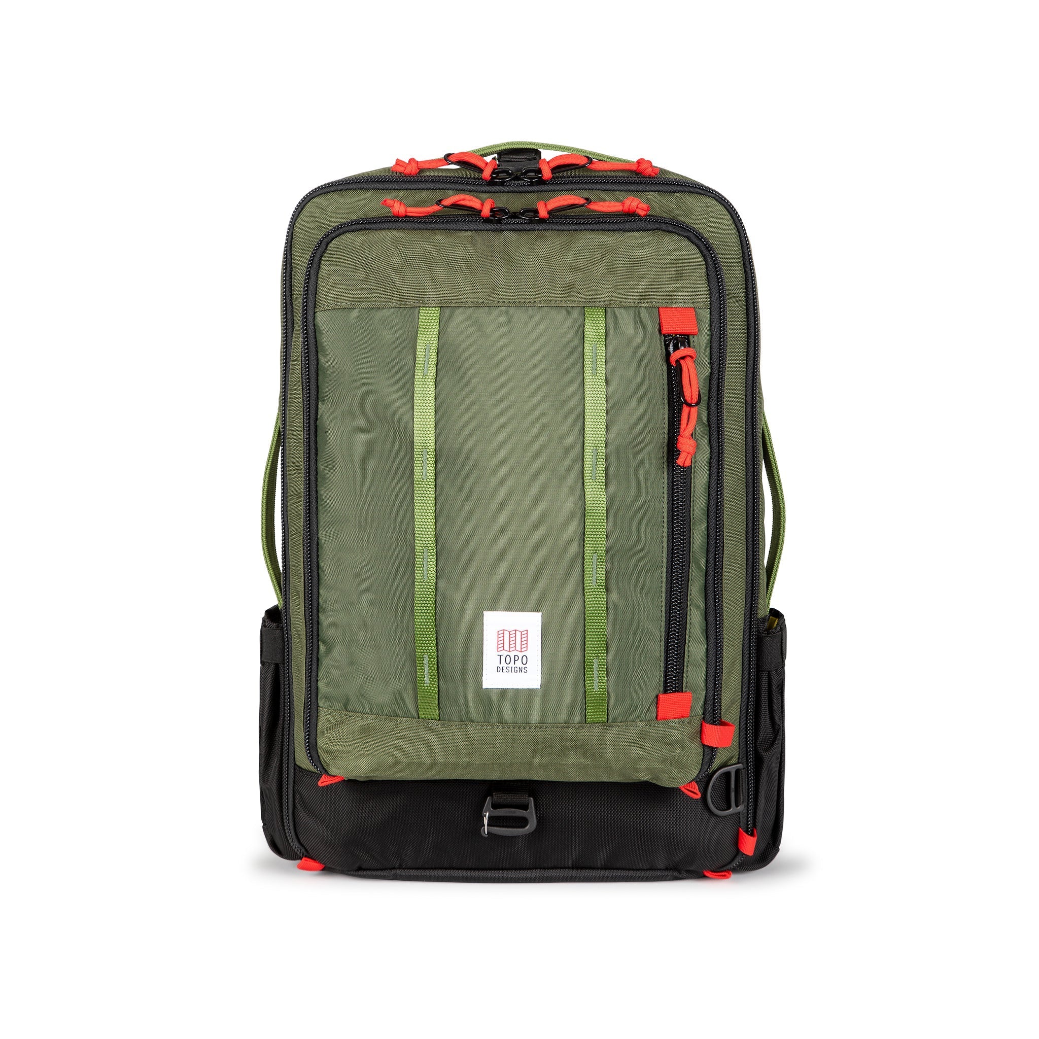 Topo Designs Global Travel Bag 30L Durable Carry On Convertible Laptop Travel Backpack in Olive green.