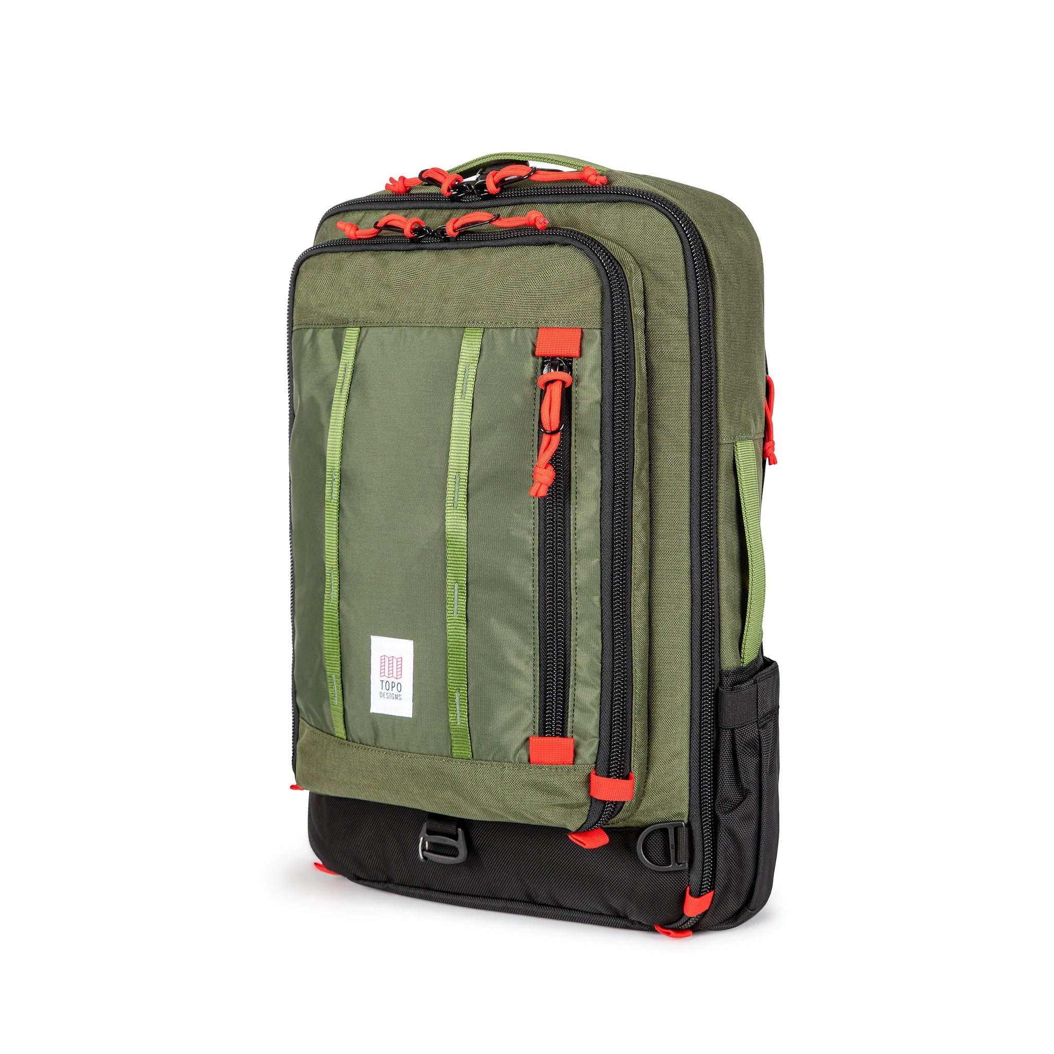 Topo Designs Global Travel Bag 30L Durable Carry On Convertible Laptop Travel Backpack in Olive green.