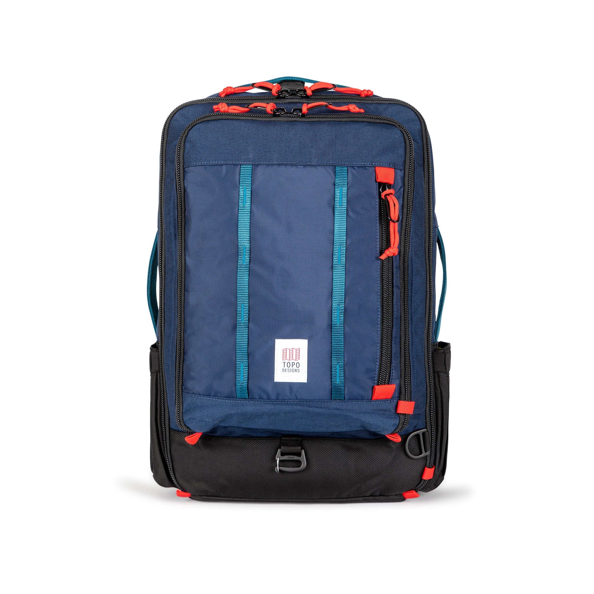 Topo Designs Global Travel Bag 30L Durable Carry On Convertible Laptop Travel Backpack in Navy blue.