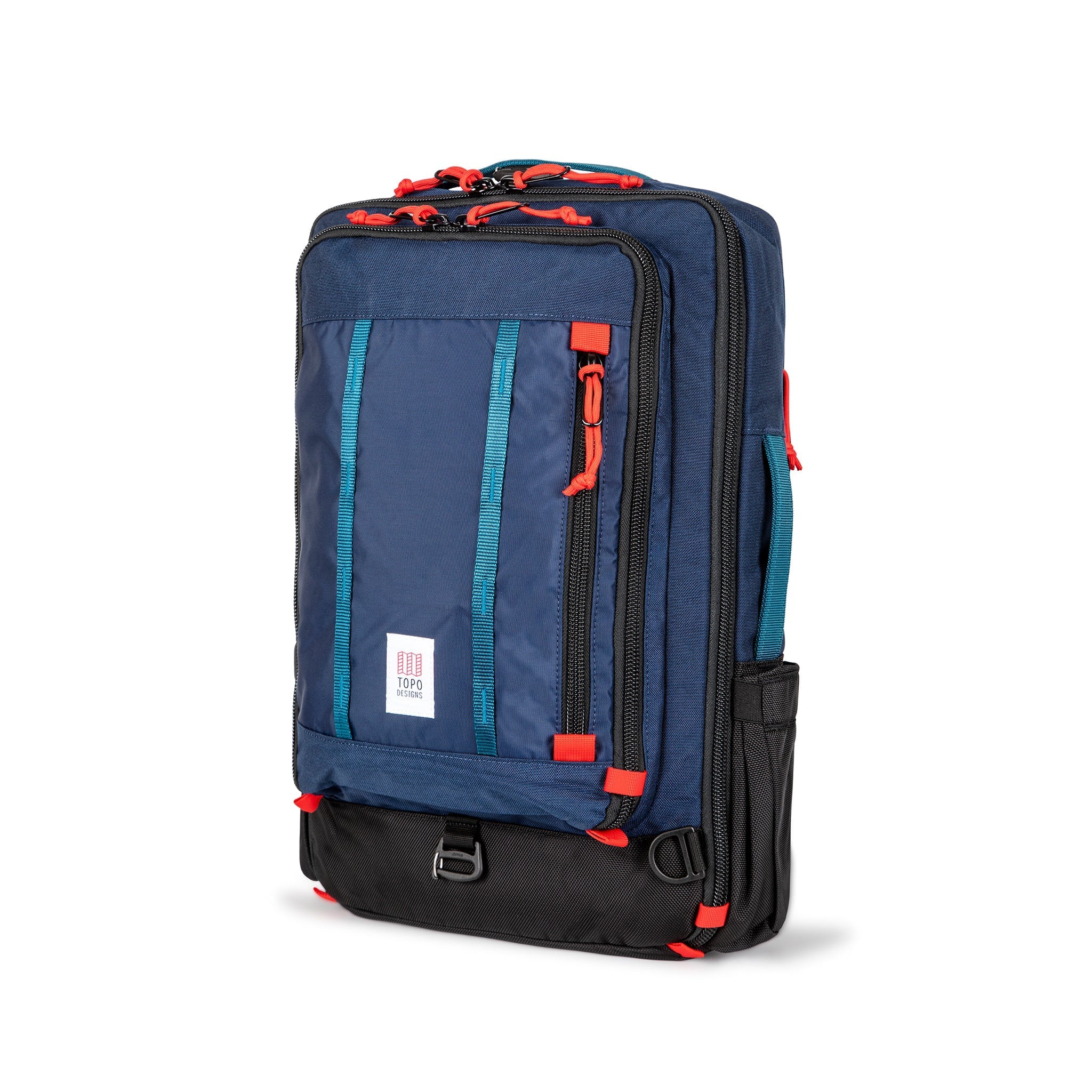 Topo Designs Global Travel Bag 30L Durable Carry On Convertible Laptop Travel Backpack in Navy blue.