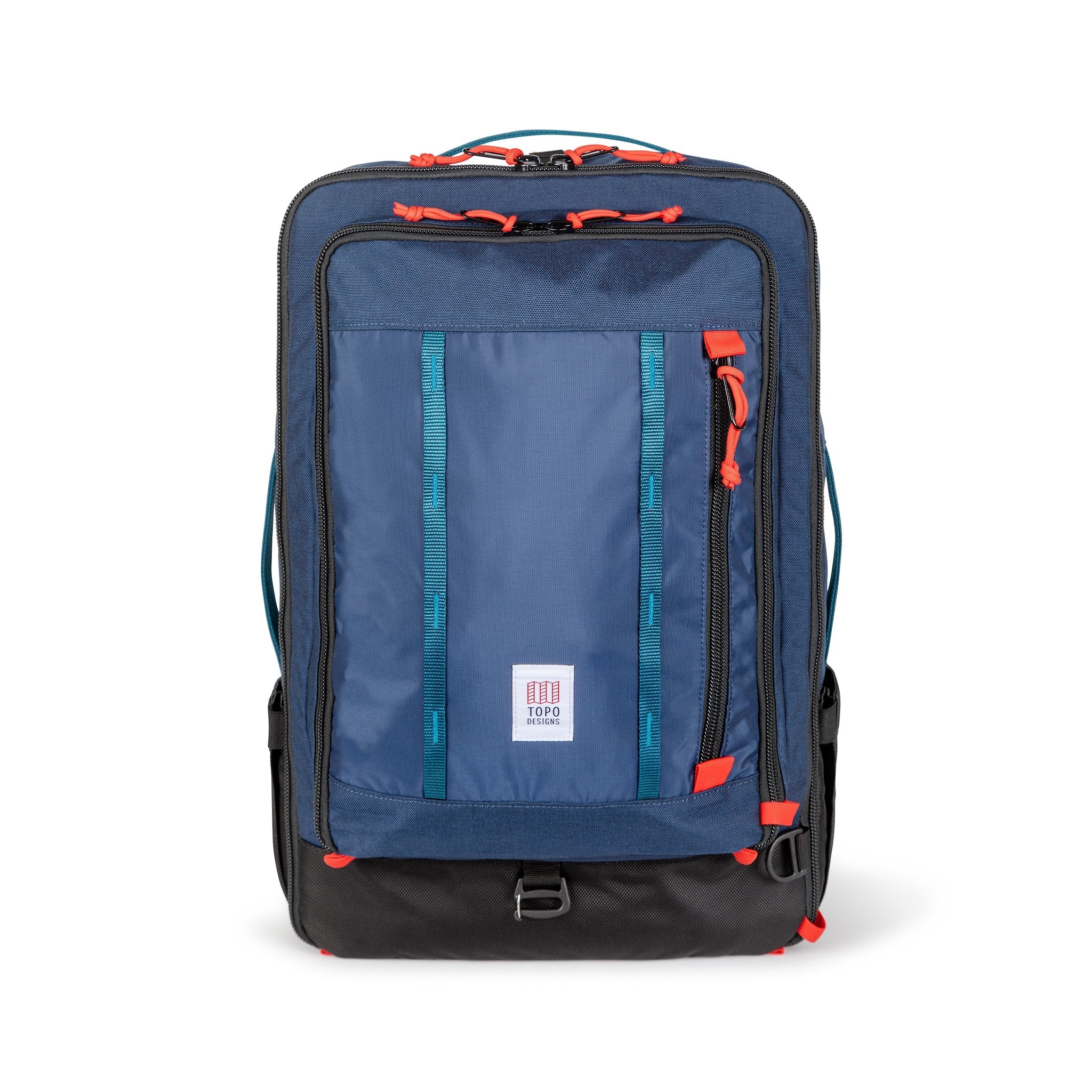 Topo Designs Global Travel Bag 40L Durable Carry On Convertible Laptop Travel Backpack in Navy blue.