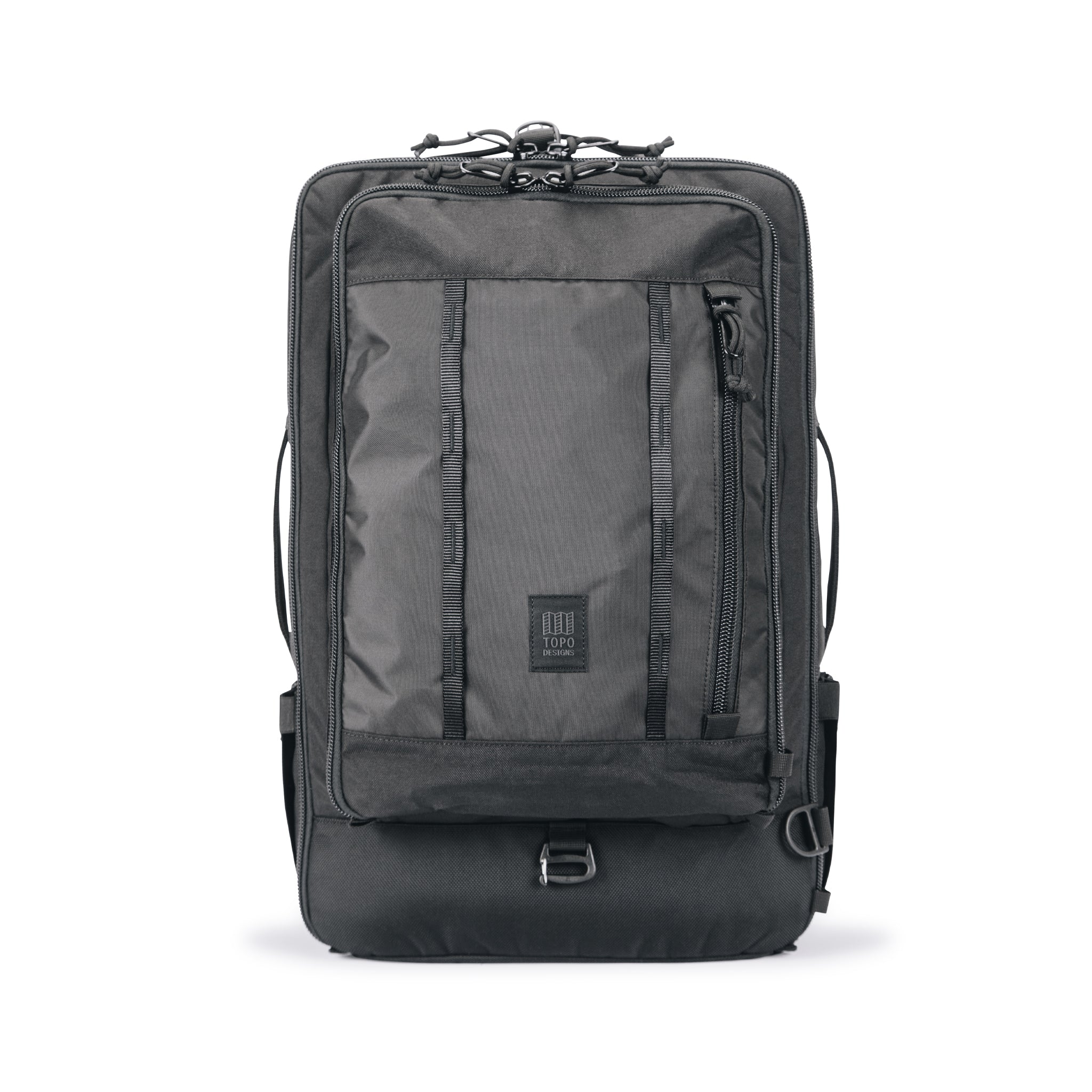 Topo Designs Global Travel Bag 40L Durable Carry On Convertible Laptop Travel Backpack in black.