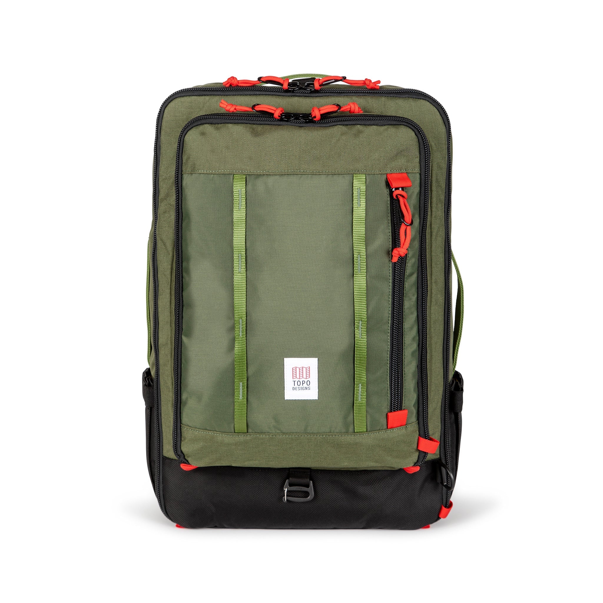 Topo Designs Global Travel Bag 40L Durable Carry On Convertible Laptop Travel Backpack in Olive green.