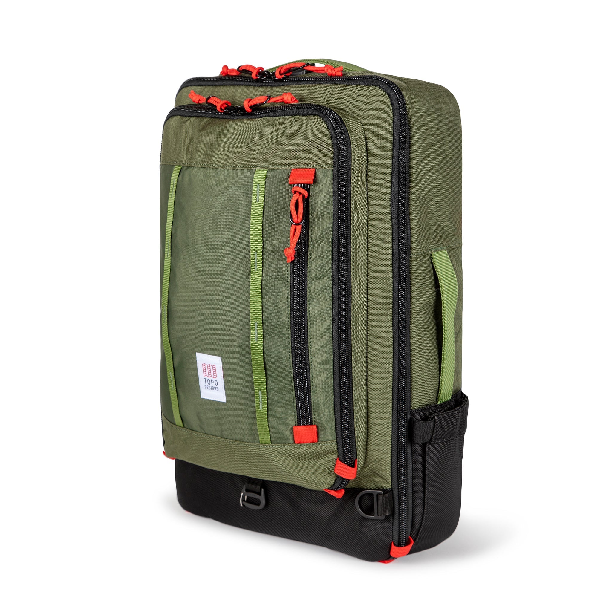 Topo Designs Global Travel Bag 40L Durable Carry On Convertible Laptop Travel Backpack in Olive green.