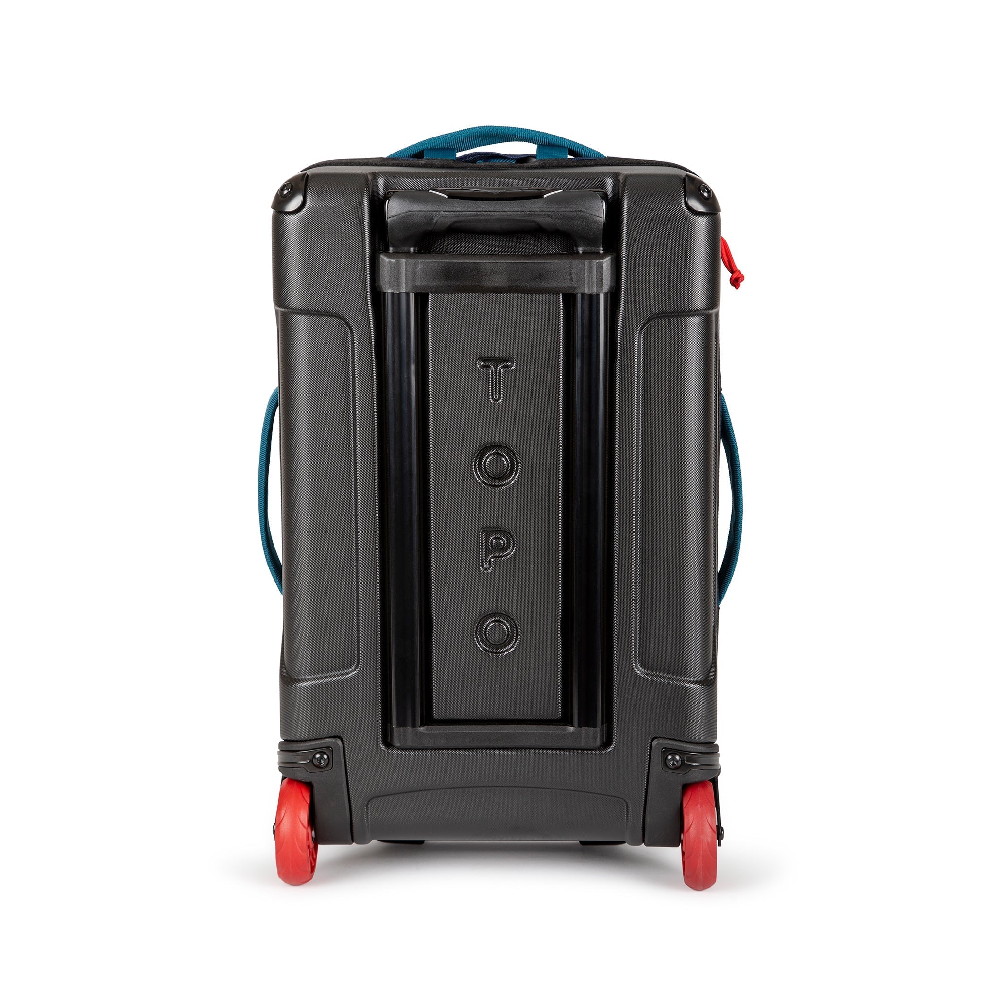 Molded back panel on the Topo Designs Global Travel Bag Roller durable carry-on convertible laptop backpack rolling suitcase in Navy blue.