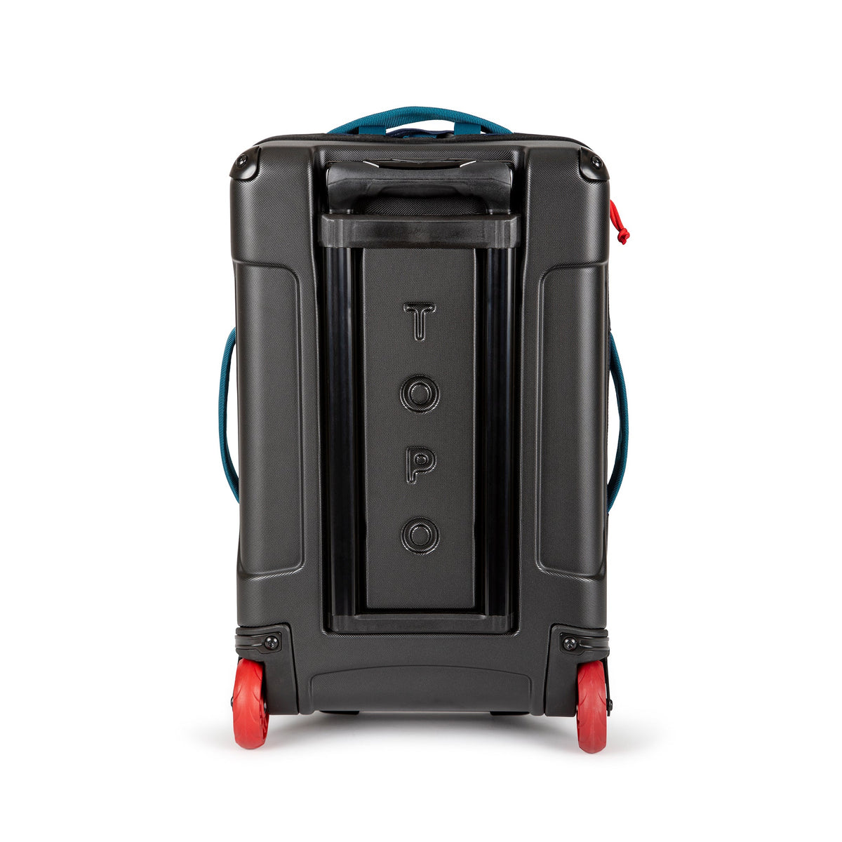 Molded back panel on the Topo Designs Global Travel Bag Roller durable carry-on convertible laptop backpack rolling suitcase in Navy blue.