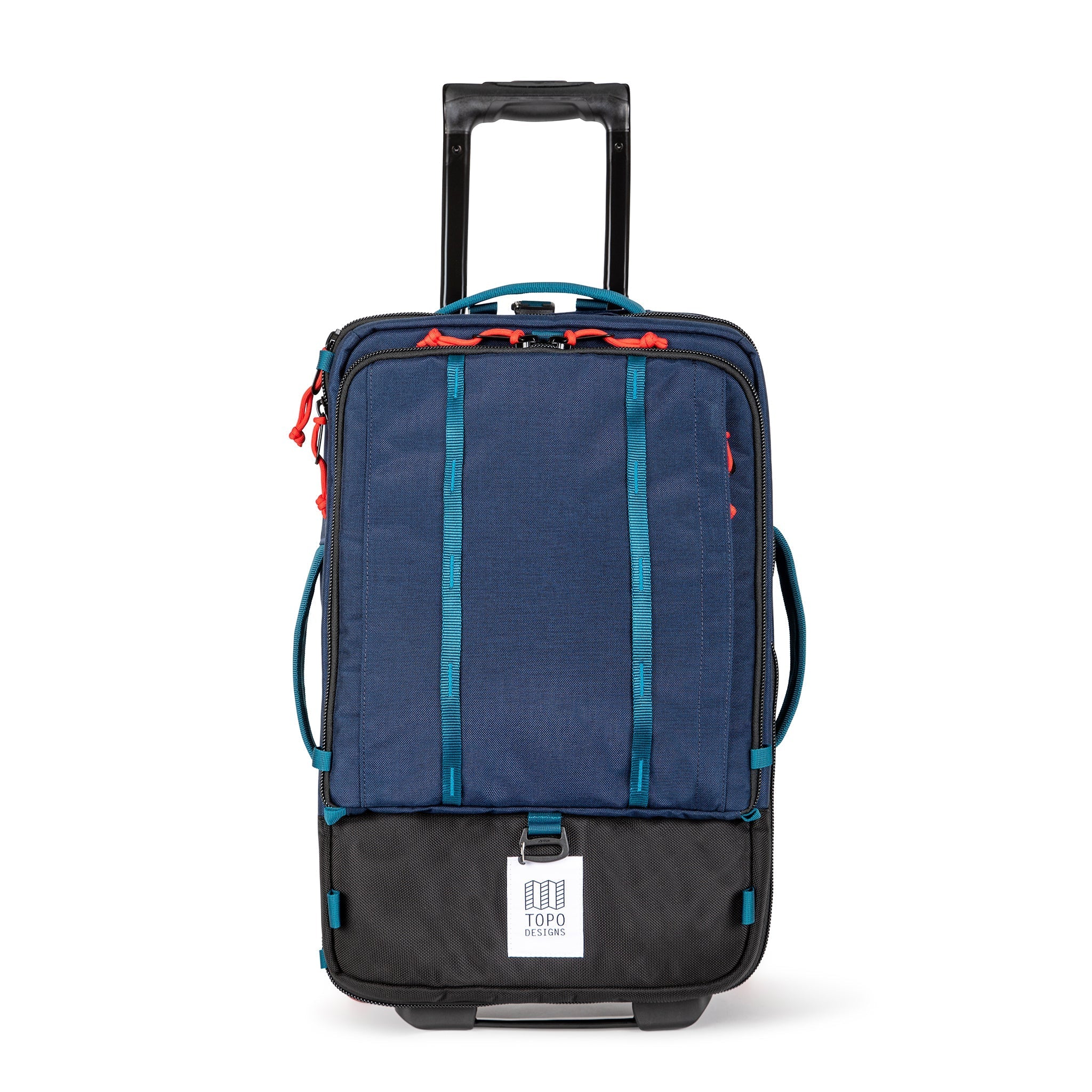 Telescoping collapsible handle on Topo Designs Global Travel Bag Roller durable carry-on convertible laptop backpack rolling suitcase in Navy blue.