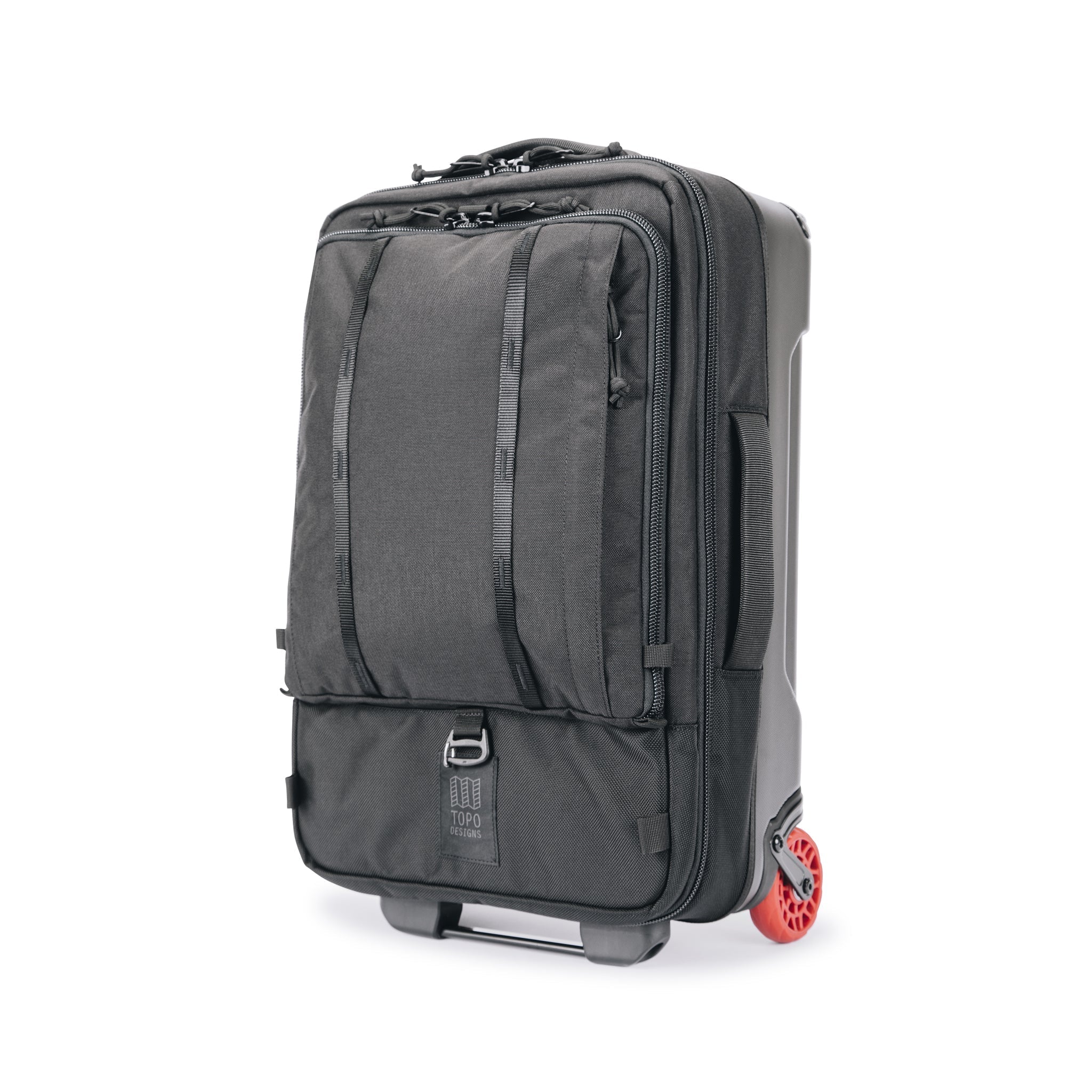Topo Designs Global Travel Bag Roller durable carry-on convertible laptop backpack rolling suitcase in black.