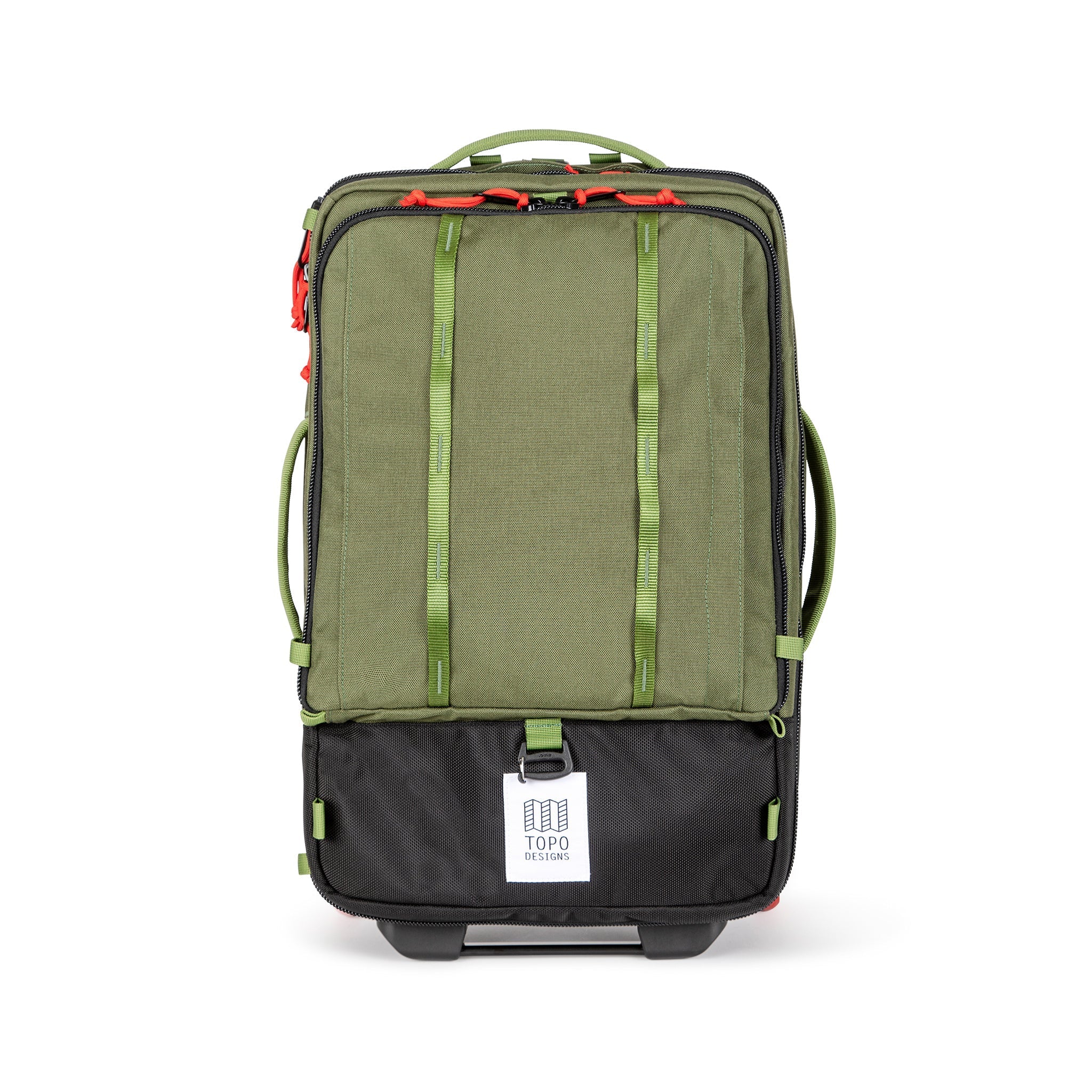 Topo Designs Global Travel Bag Roller durable carry-on convertible laptop backpack rolling suitcase in Olive green.