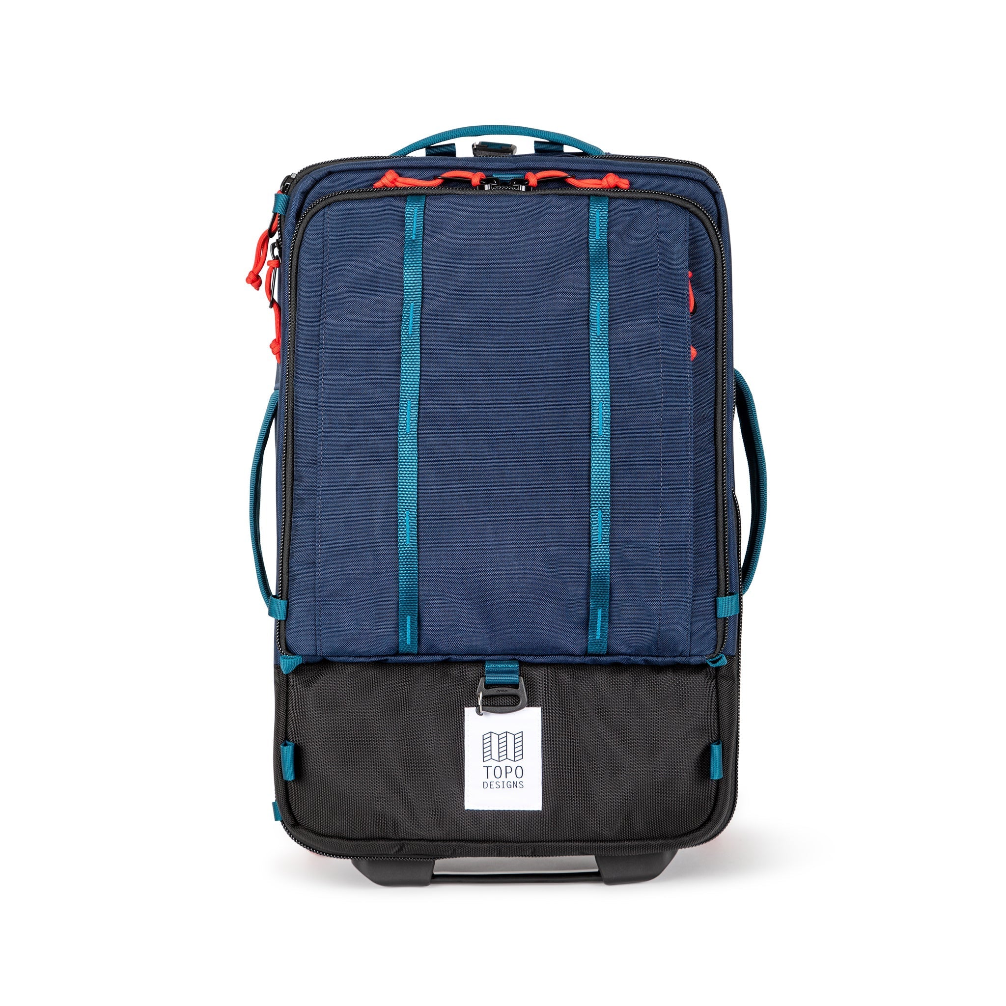 Topo Designs Global Travel Bag Roller durable carry-on convertible laptop backpack rolling suitcase in Navy blue.
