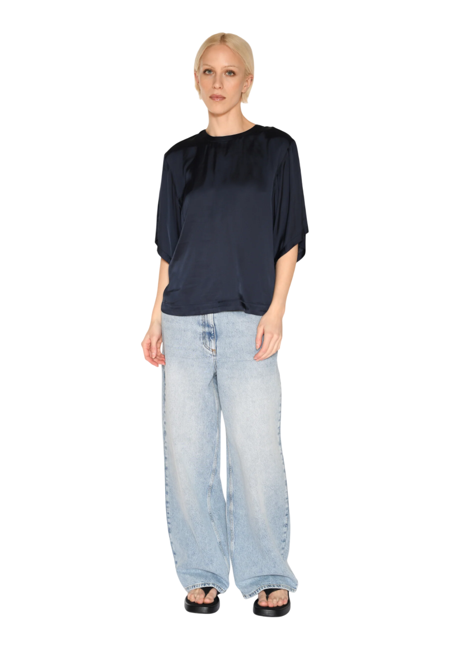 Janey Short Sleeved Satin Blouse | Sky Captain