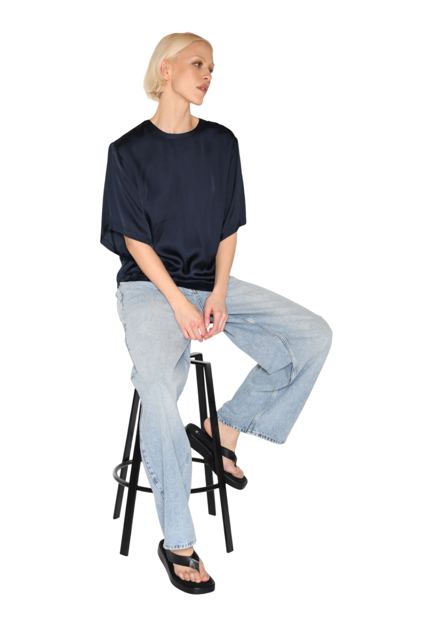 Janey Short Sleeved Satin Blouse | Sky Captain