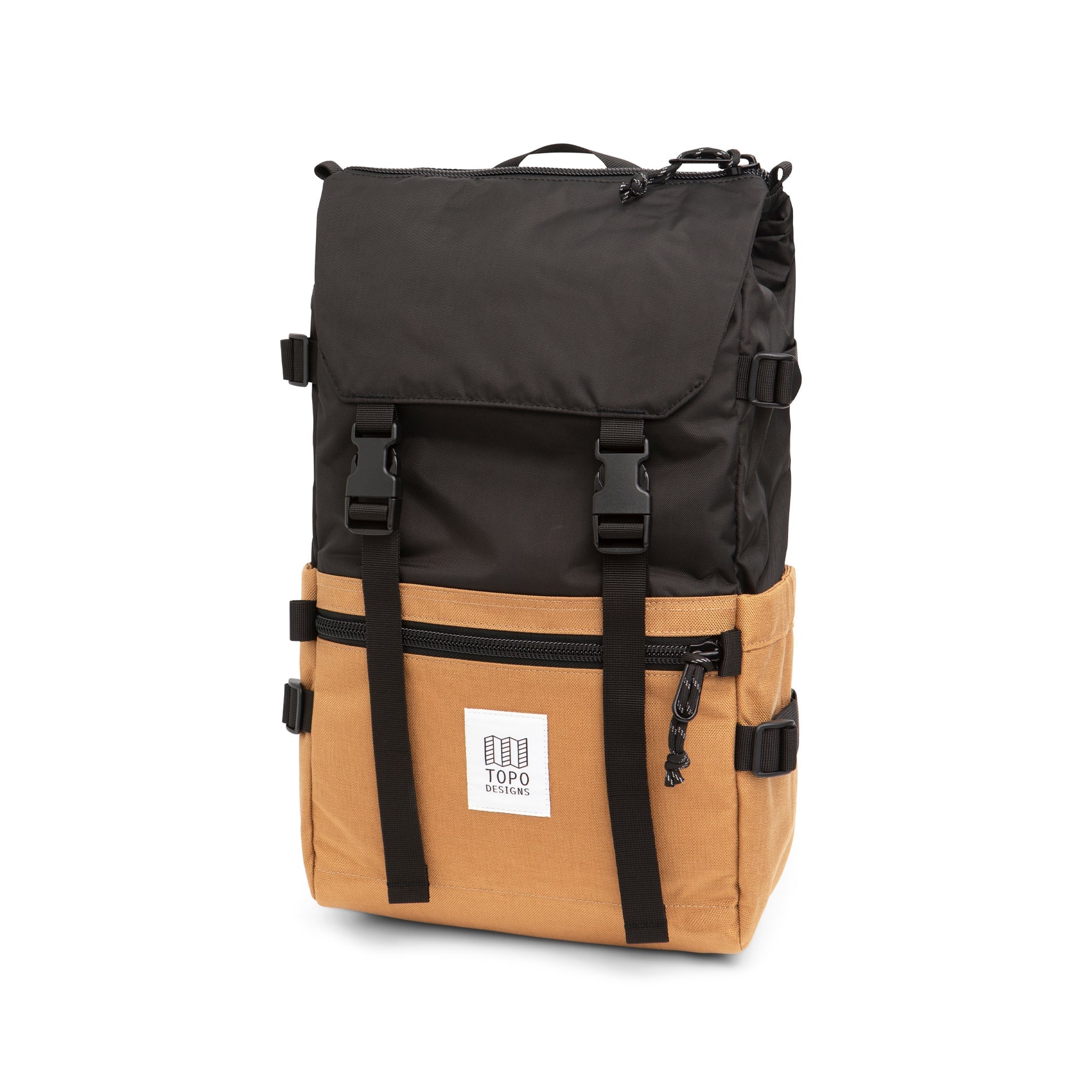 Topo Designs Rover Pack Classic laptop backpack in 100% recycled black khaki nylon.