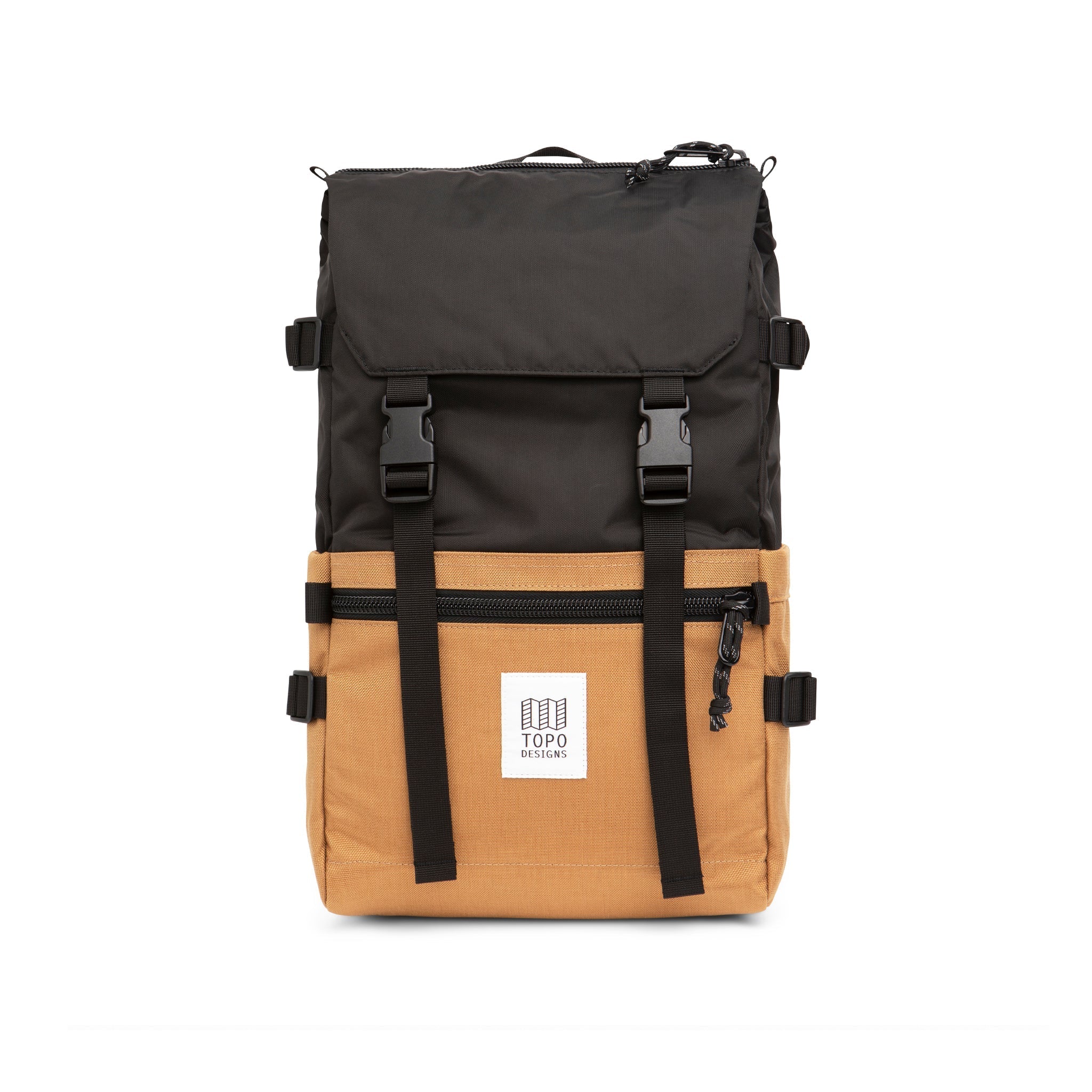 Topo Designs Rover Pack Classic laptop backpack in 100% recycled black khaki nylon.
