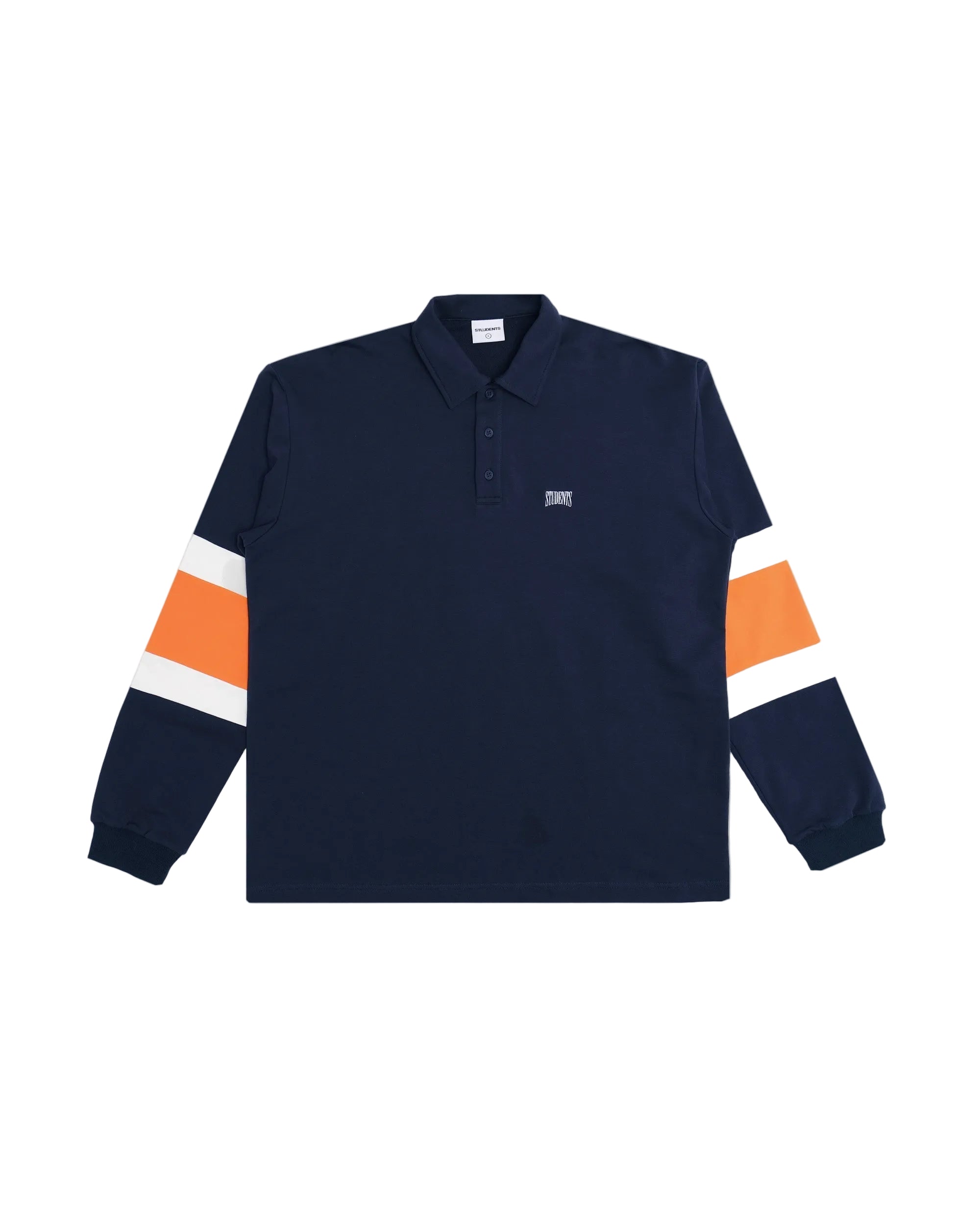 Navy blue polo shirt with orange and white sleeves on a white background