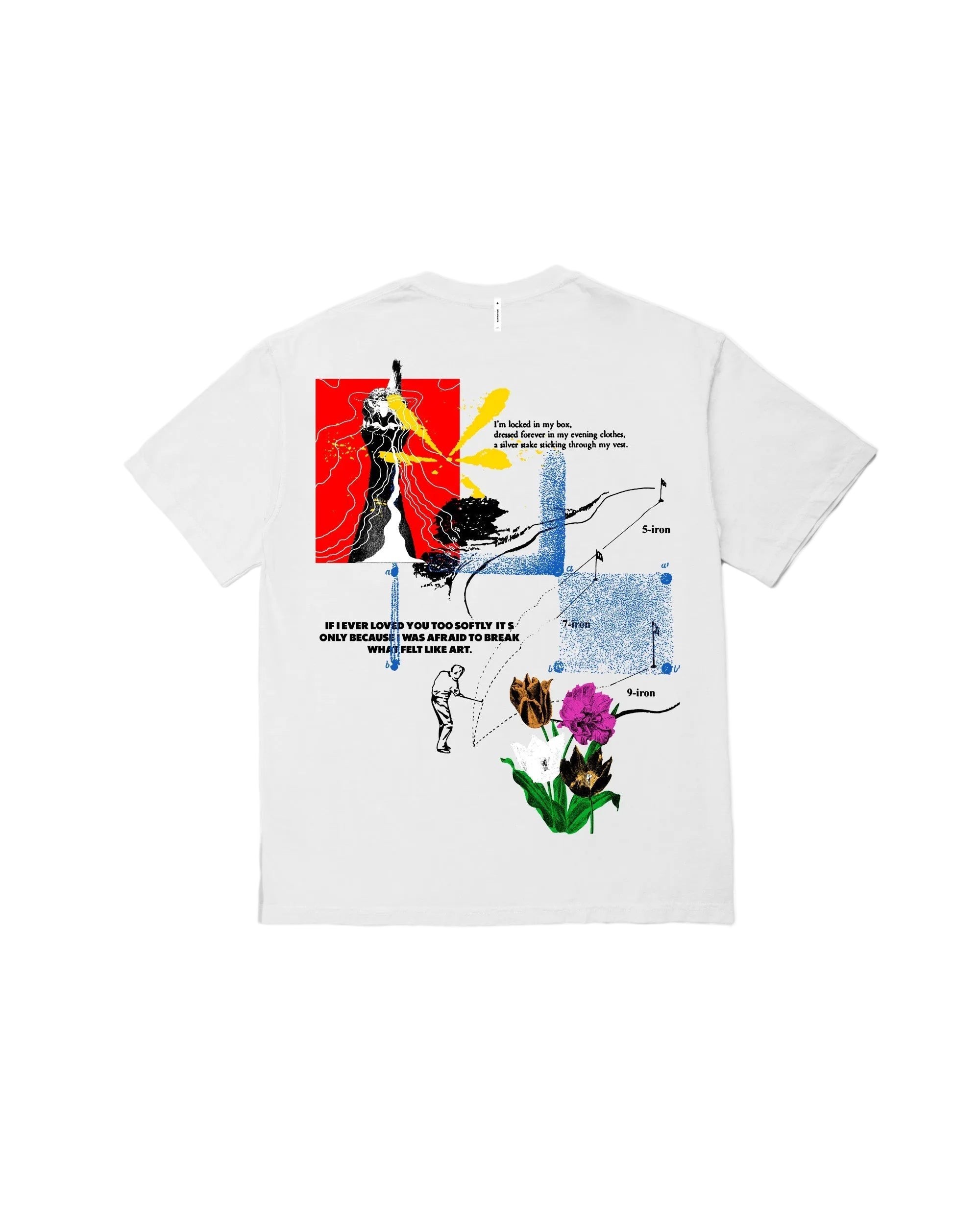 White t-shirt with colorful graphic design on a white background