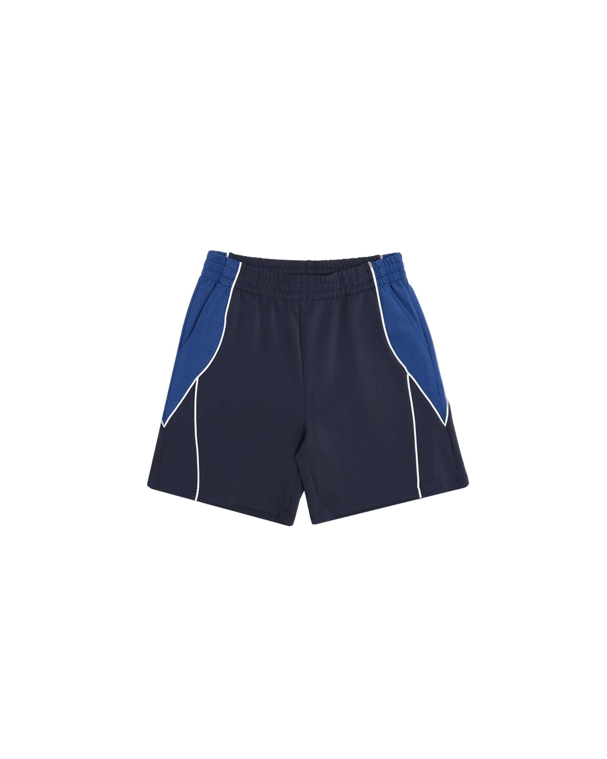 Black shorts with blue accents on a white background