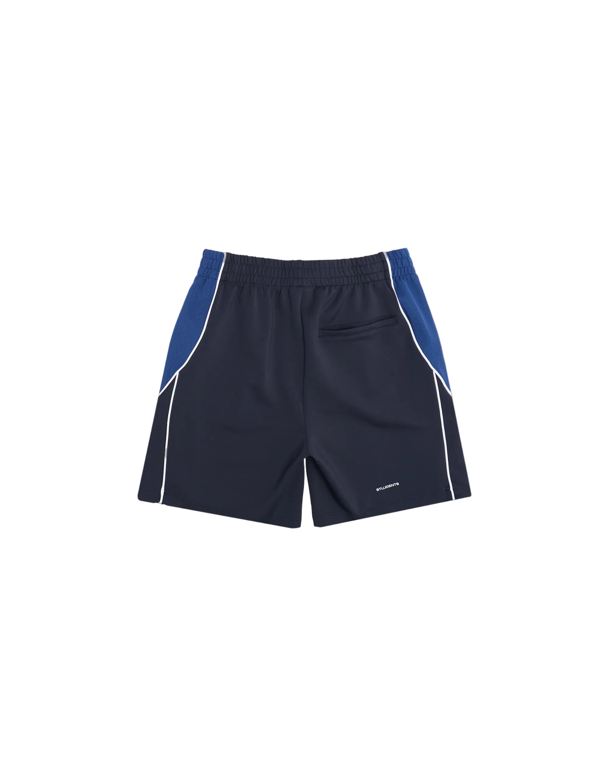 Navy shorts with blue accents on a white background