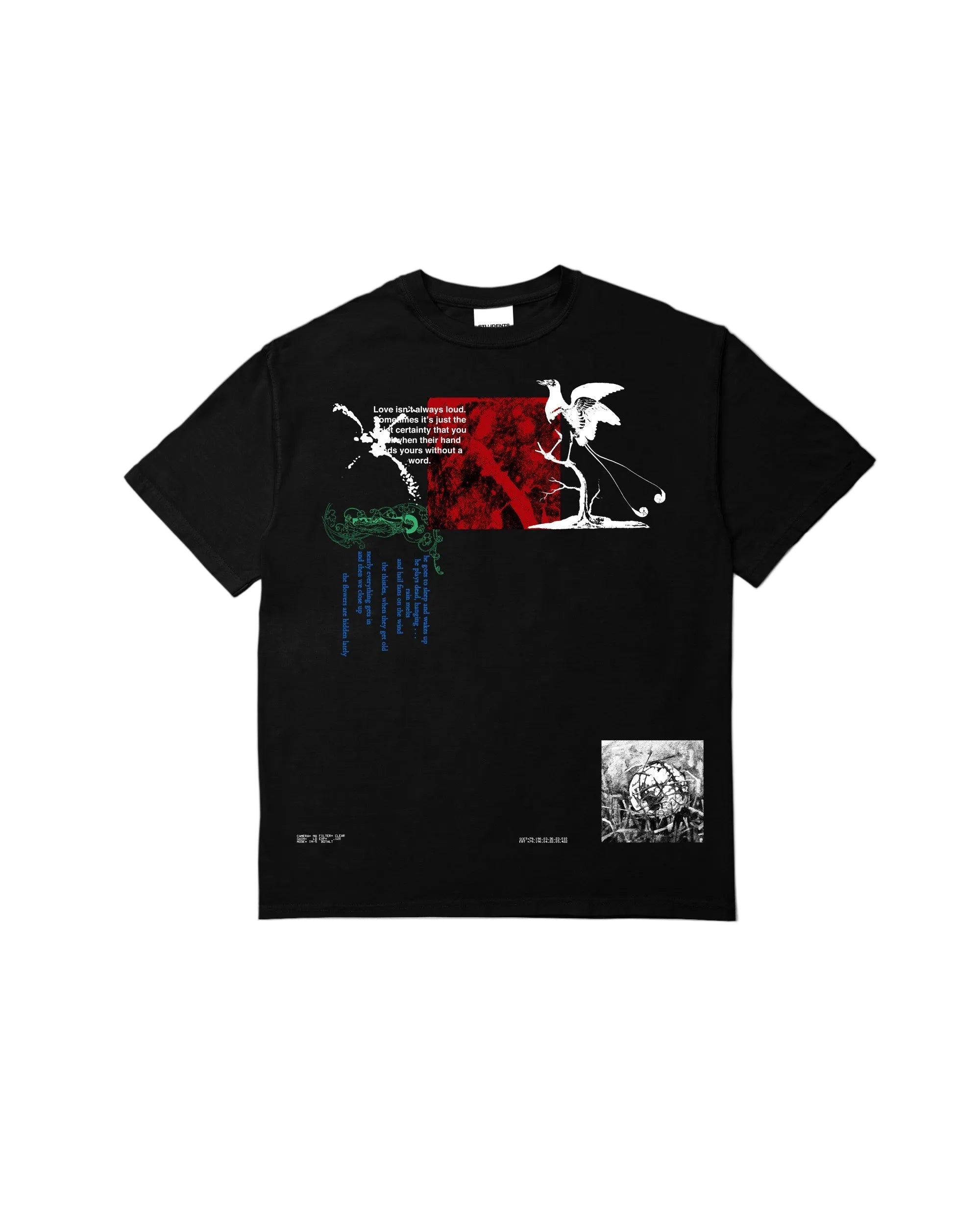 Black t-shirt with graphic designs on a white background