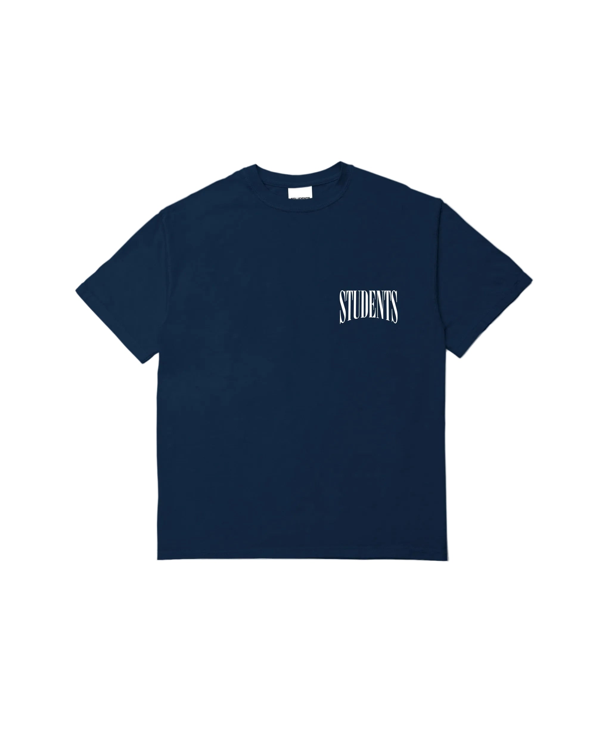 Navy t-shirt with a logo on a white background