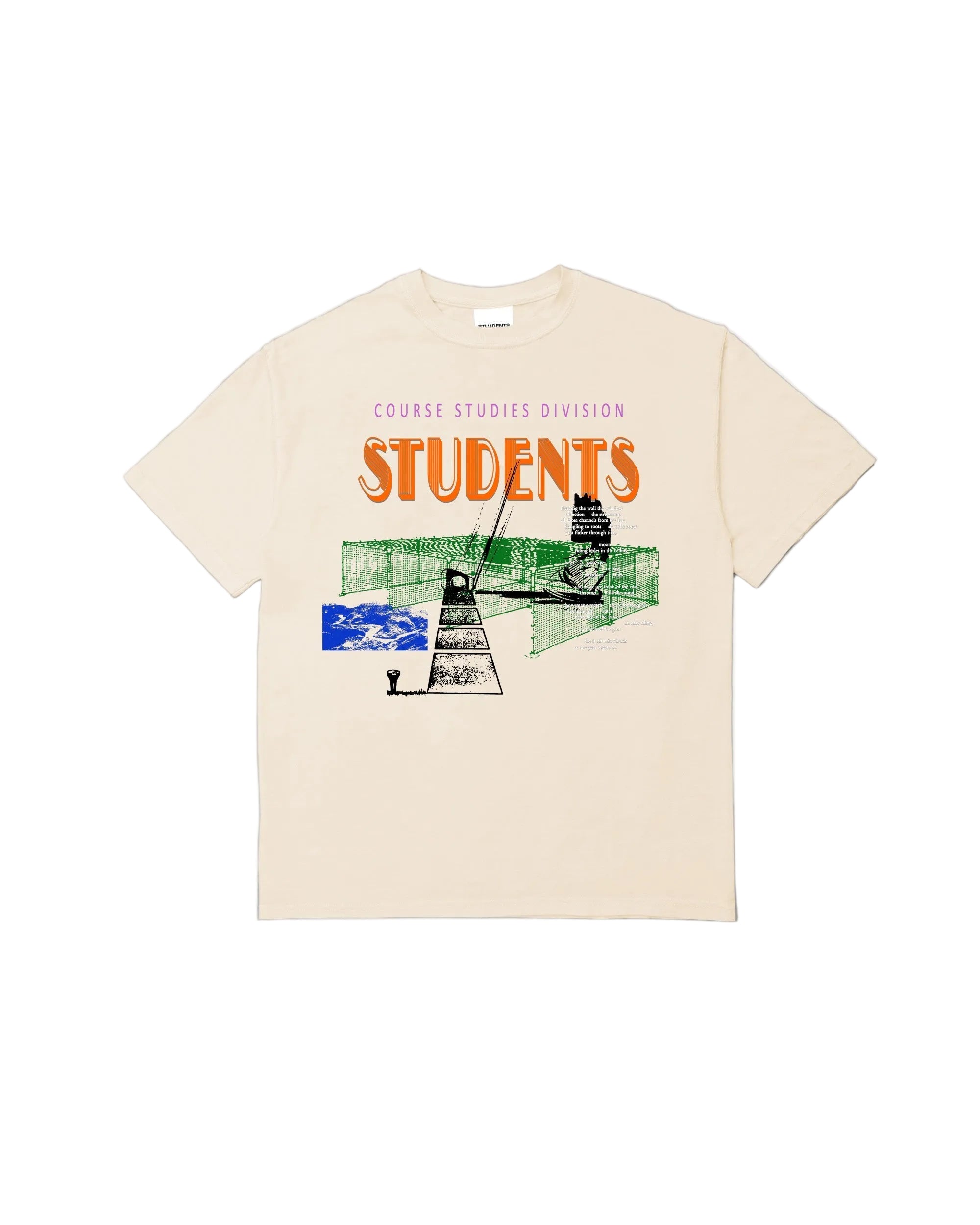 Beige t-shirt with graphic design and text on a white background