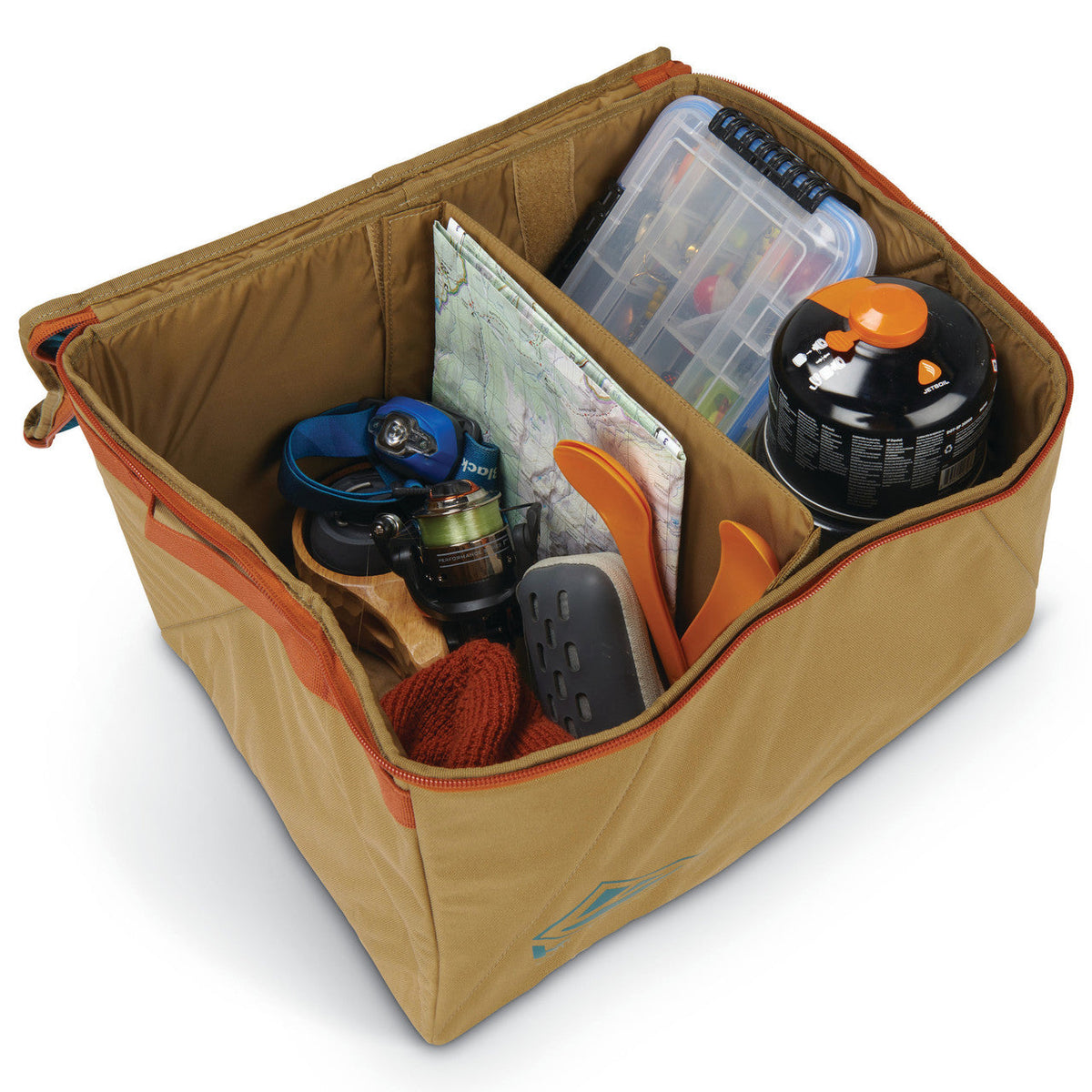 Kelty Window Seat storage bin, shown open, with gear inside