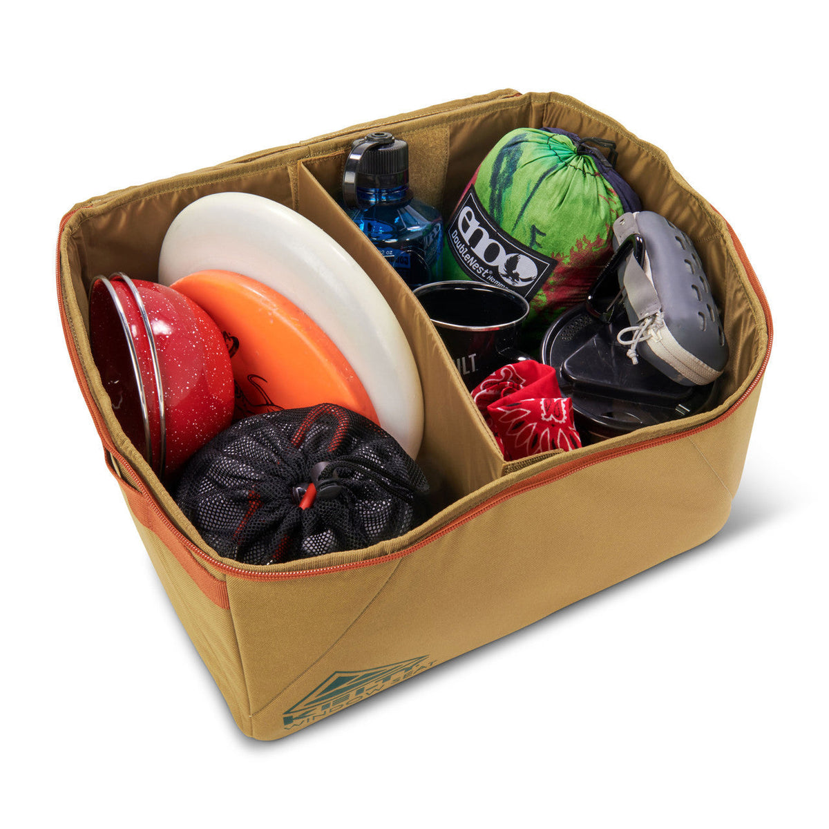Kelty Window Seat storage bin, shown open, with gear inside