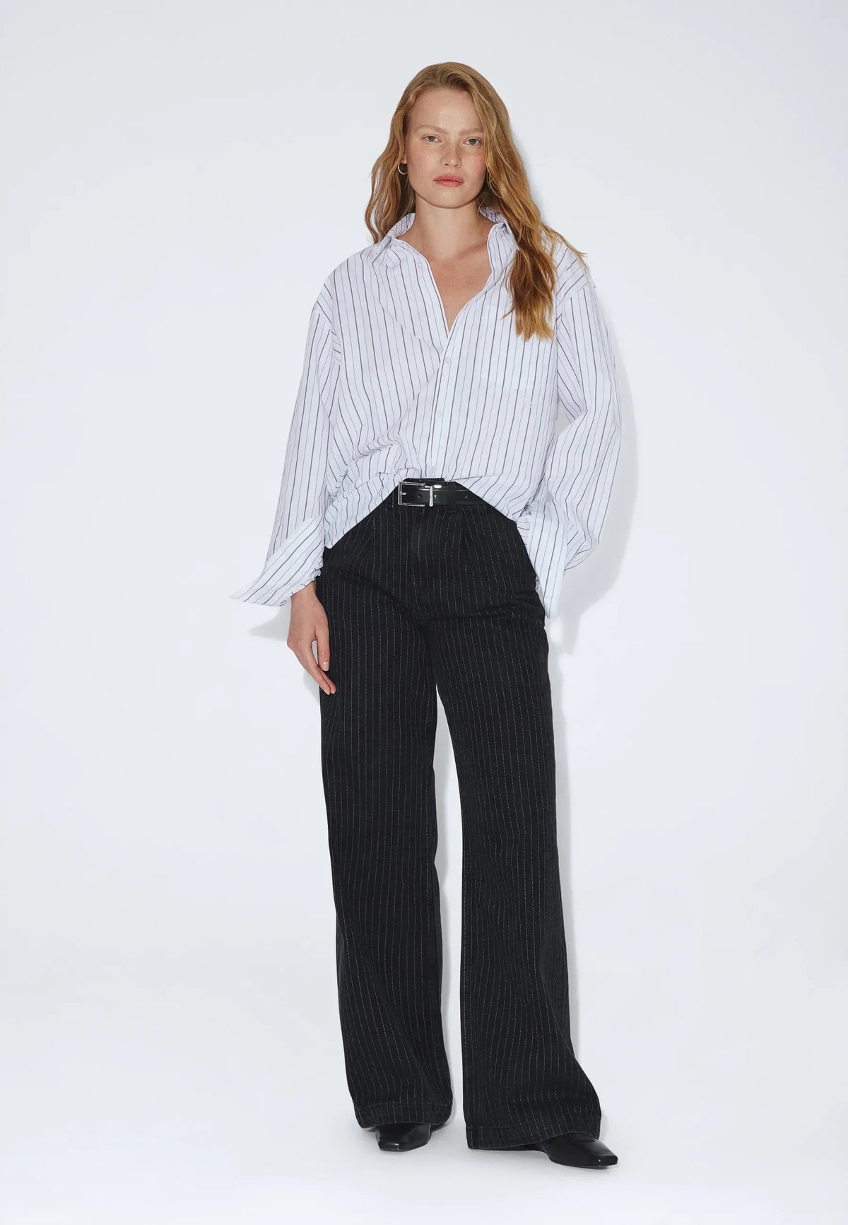 Rhue High Wide Pleated | Washed Black Pinstripe