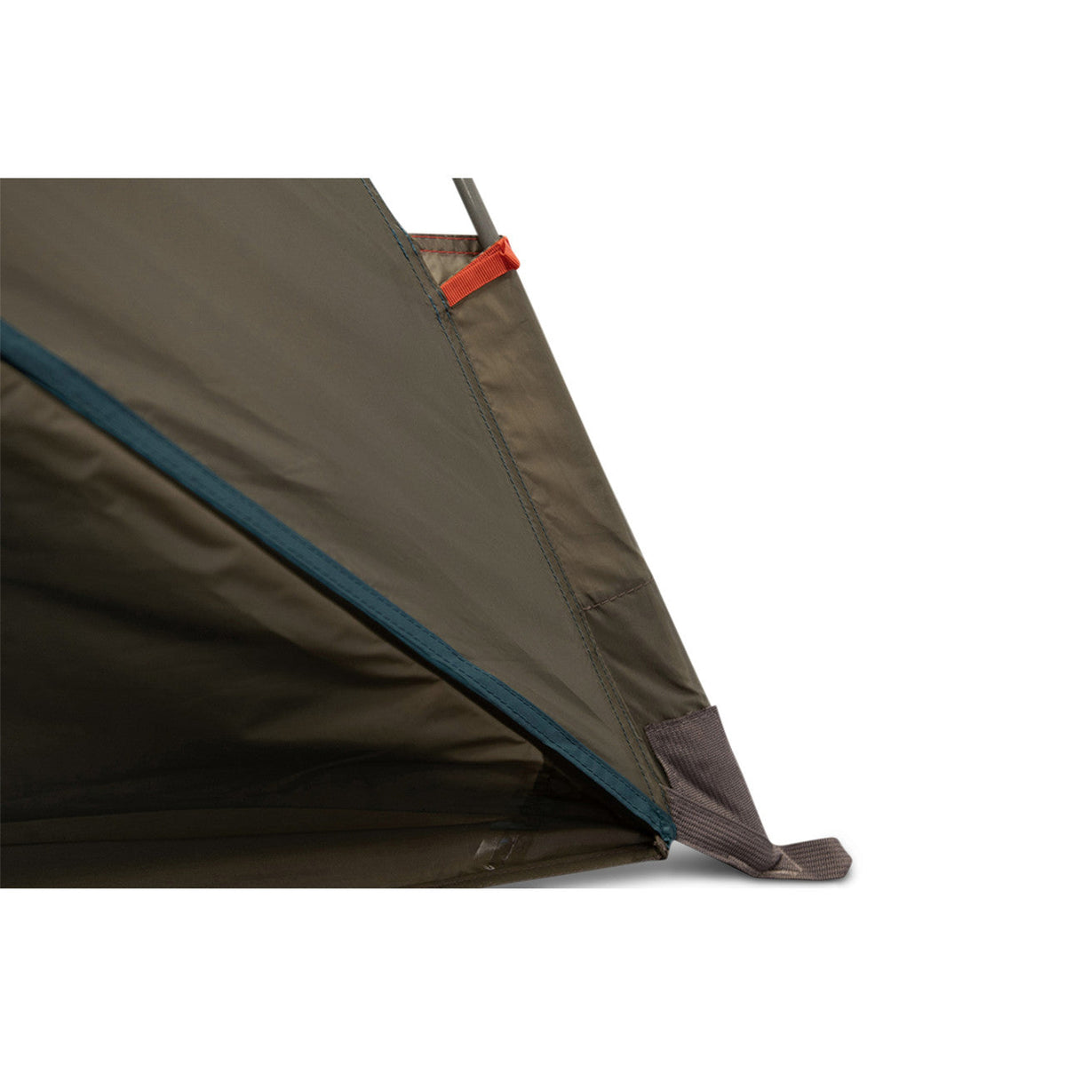 Close up of Kelty Cabana shelter, showing poles inserted into sleeves at bottom of tent.
