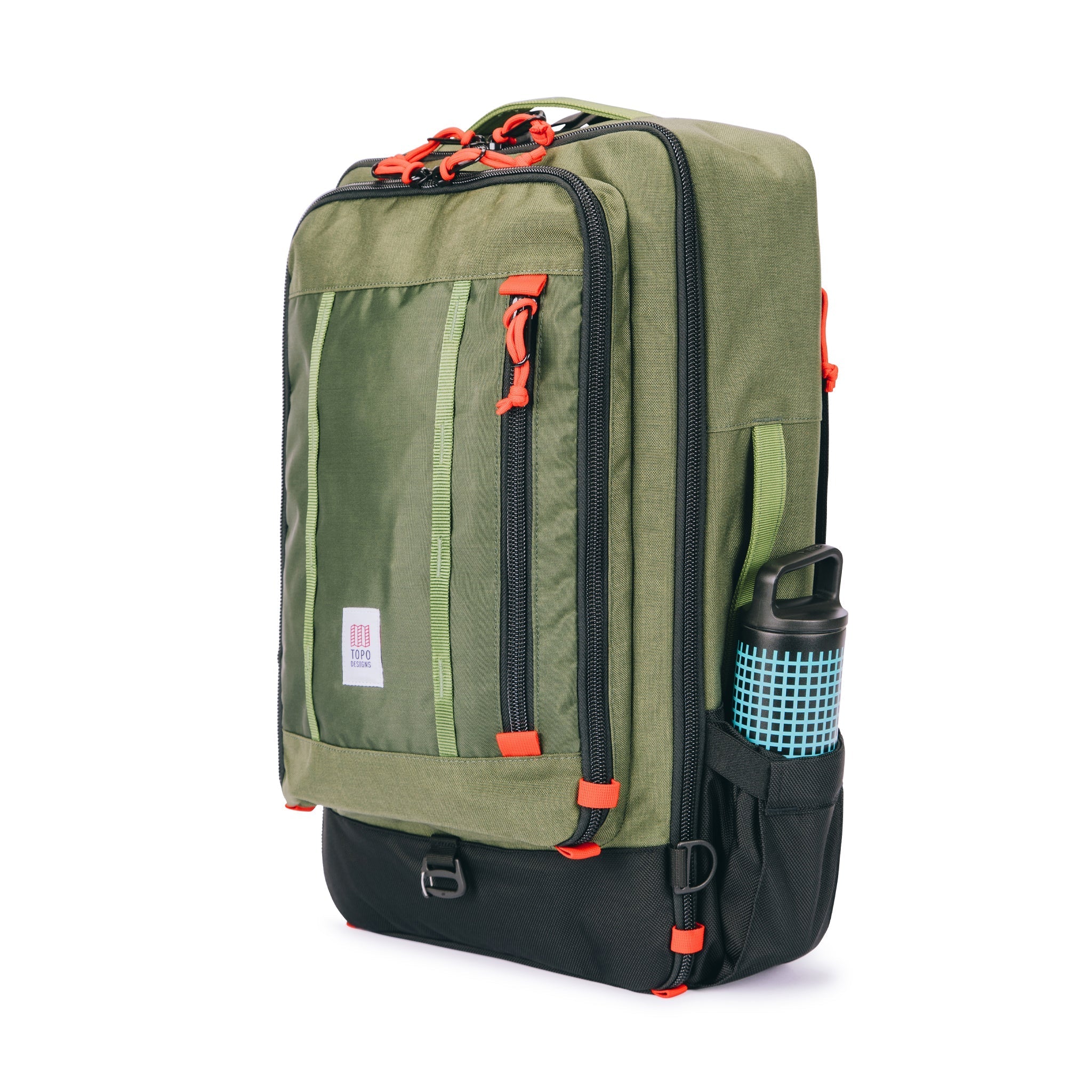 Water bottle in expandable side pocket of Topo Designs Global Travel Bag 40L Durable Carry On Convertible Laptop Travel Backpack in Olive green.
