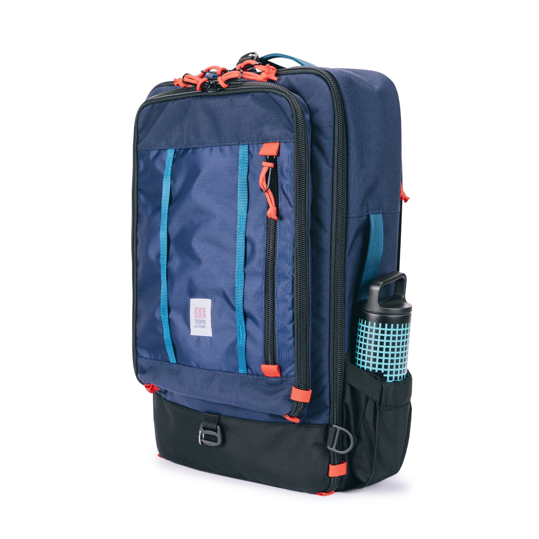 Topo Designs Global Travel Bag 40L Durable Carry On Convertible Laptop Travel Backpack in Navy blue with water bottle in expandable side pocket.