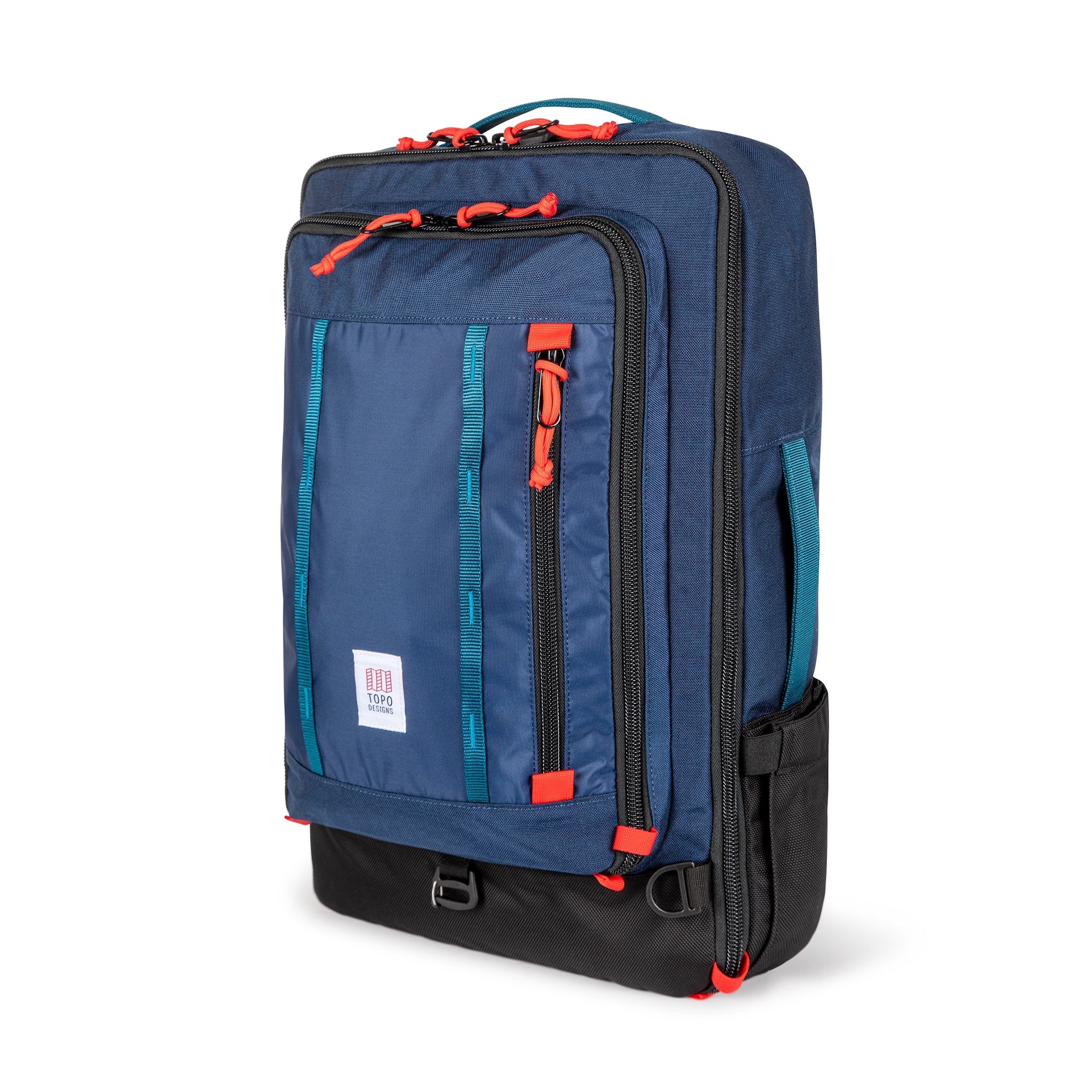 Topo Designs Global Travel Bag 40L Durable Carry On Convertible Laptop Travel Backpack in Navy blue.
