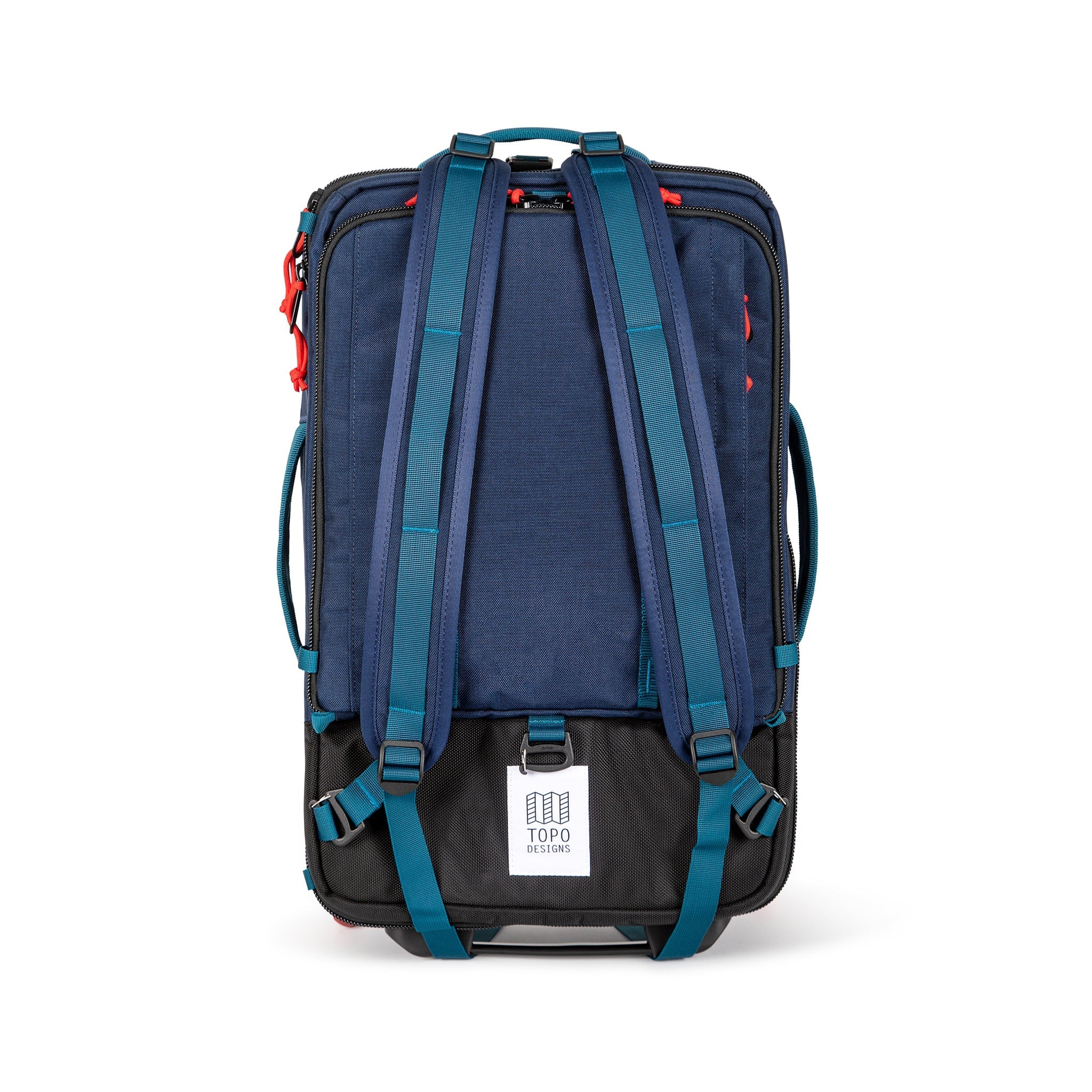Backpack straps on Topo Designs Global Travel Bag Roller durable carry-on convertible laptop rolling suitcase in Navy blue.