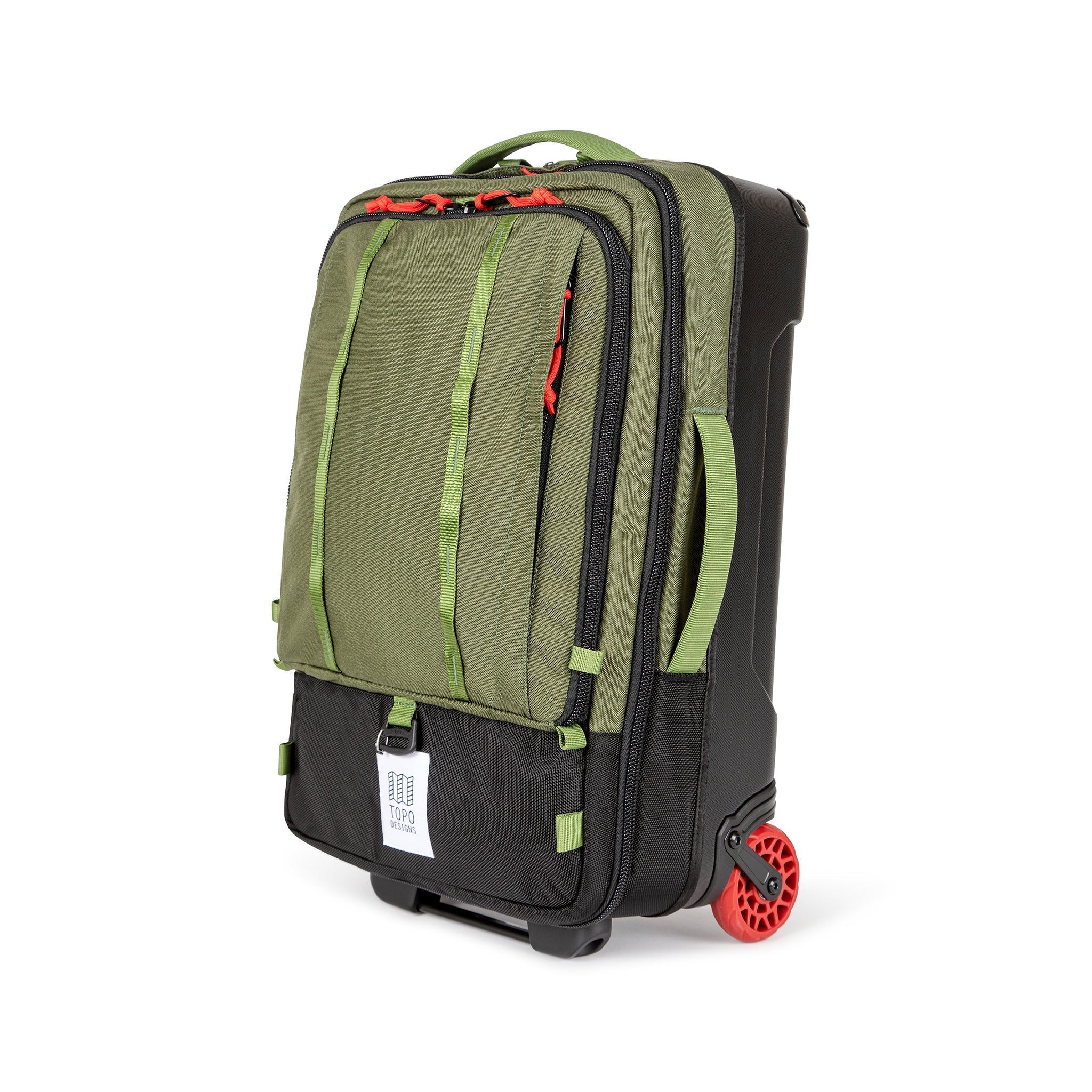 Topo Designs Global Travel Bag Roller durable carry-on convertible laptop backpack rolling suitcase in Olive green.