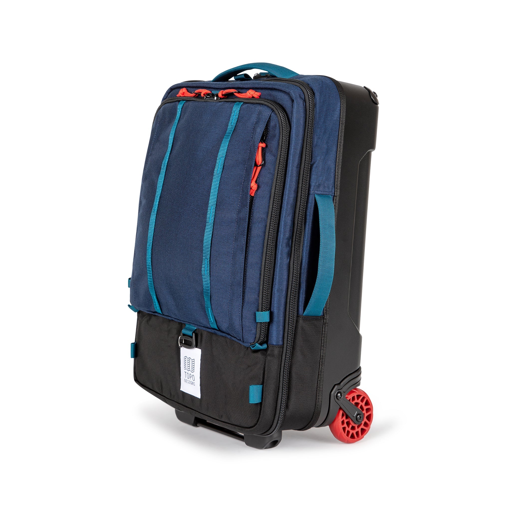 Topo Designs Global Travel Bag Roller durable carry-on convertible laptop backpack rolling suitcase in Navy blue.