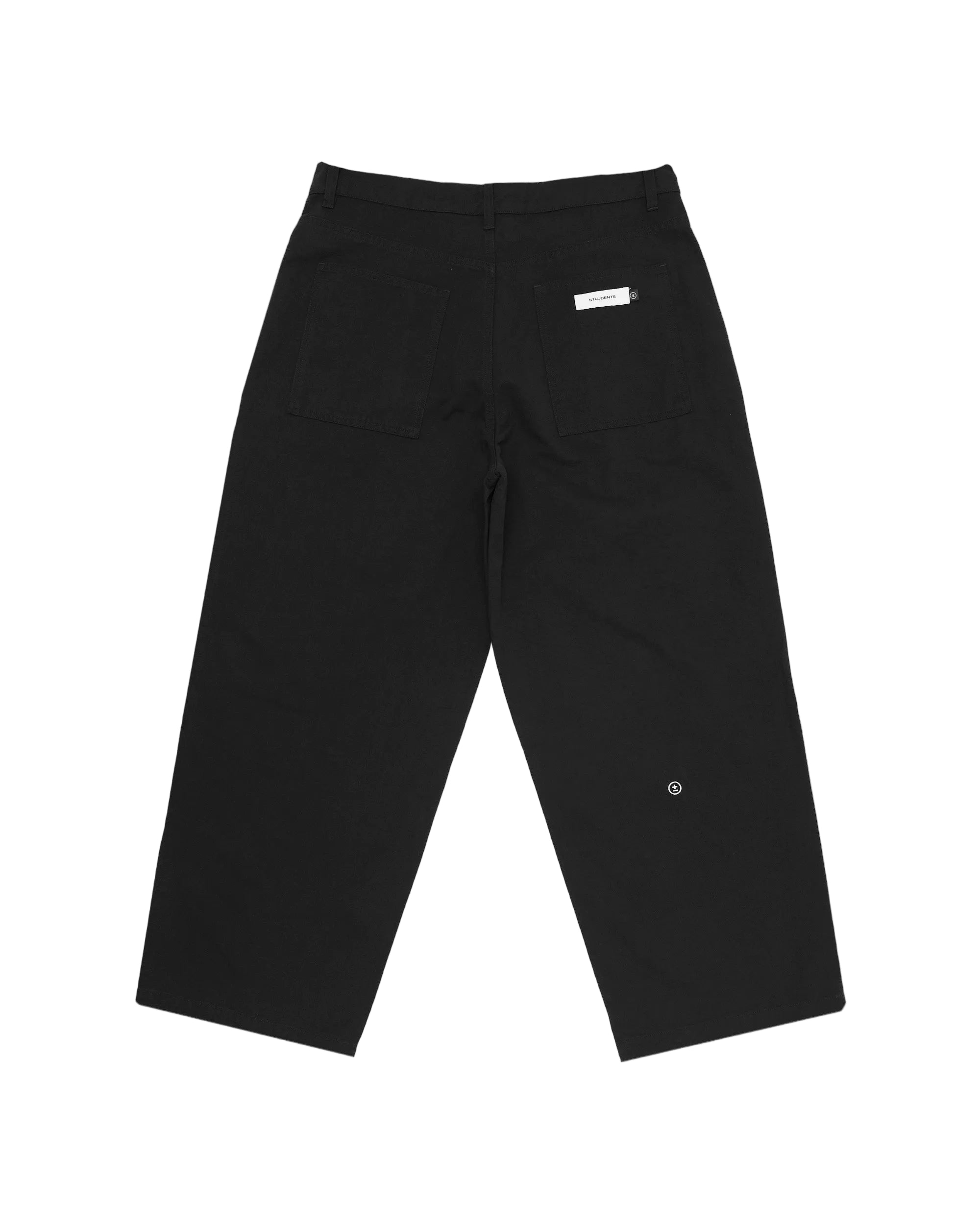 Black pants with a brand label on a white background