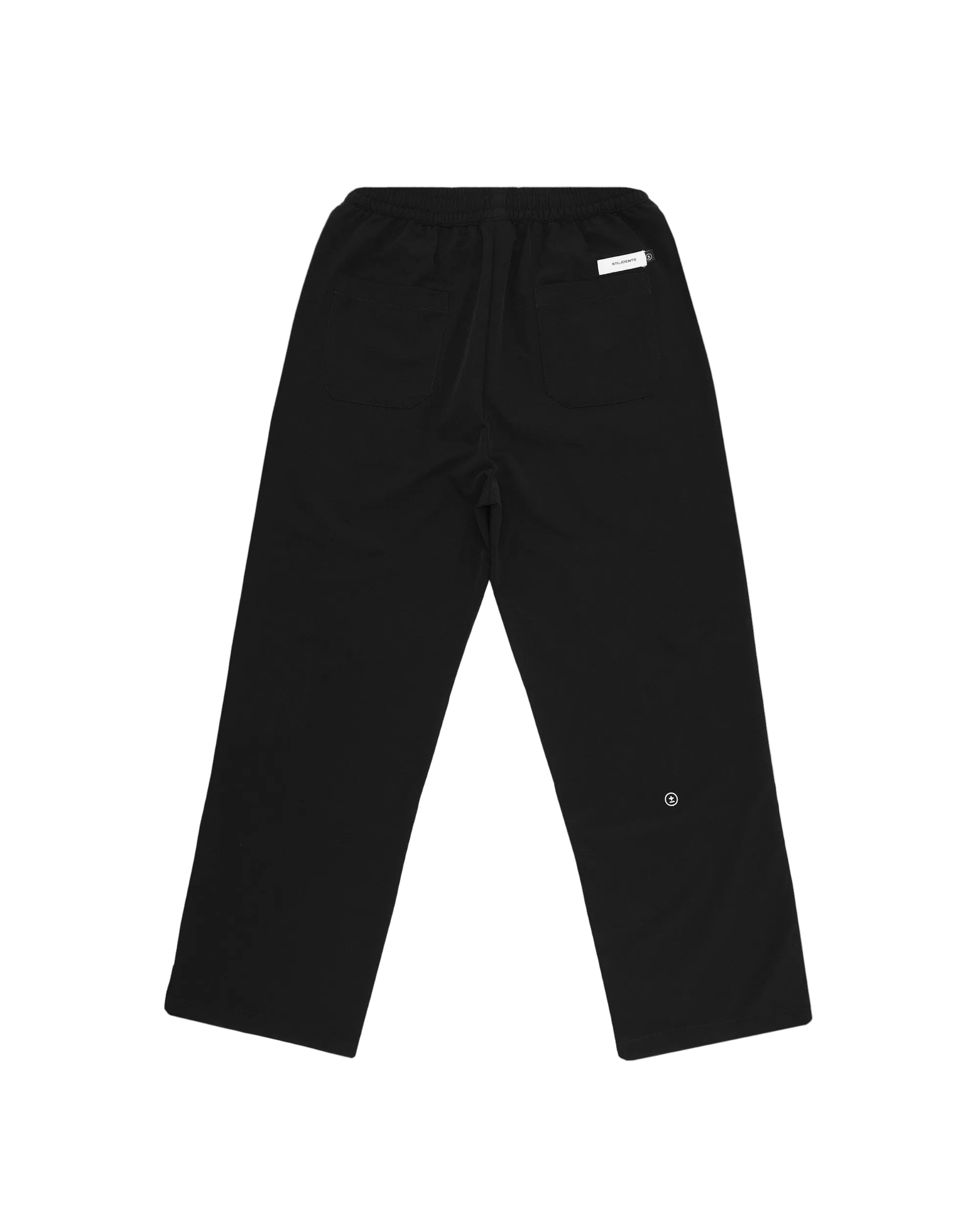 Black pants with a brand logo on a white background