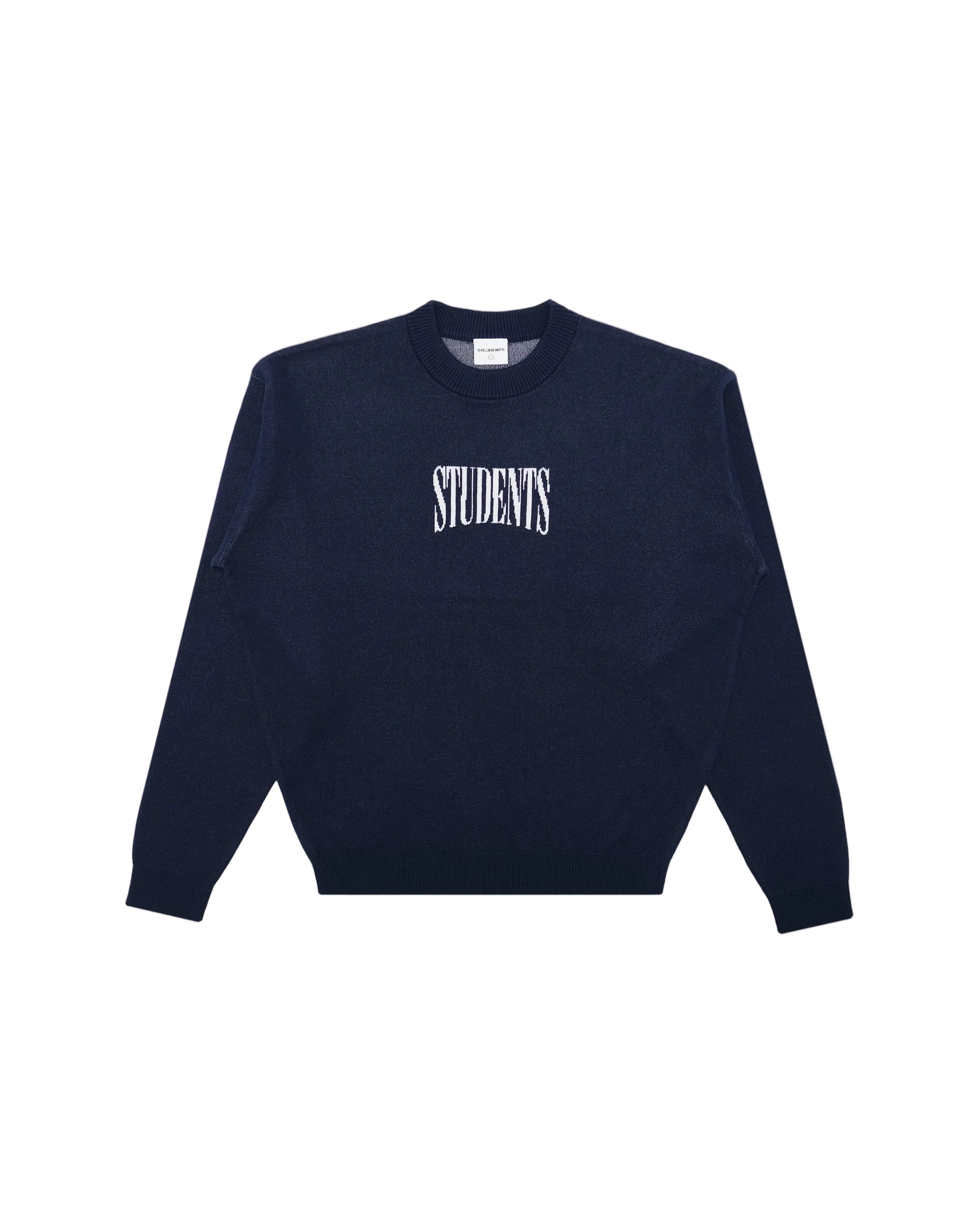 Navy blue sweatshirt with 'STUDENTS' text on a white background