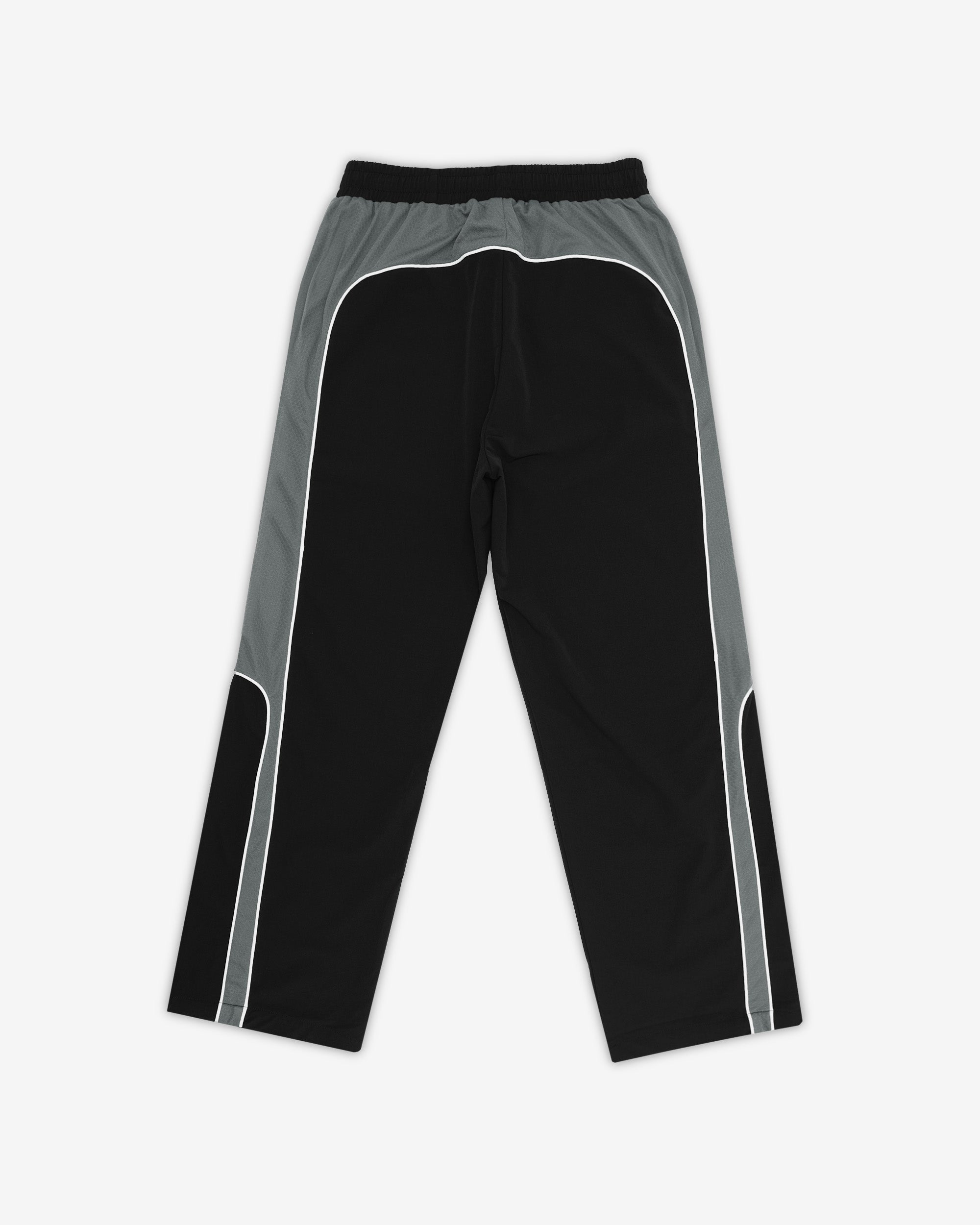 Black track pants with gray stripes on a white background