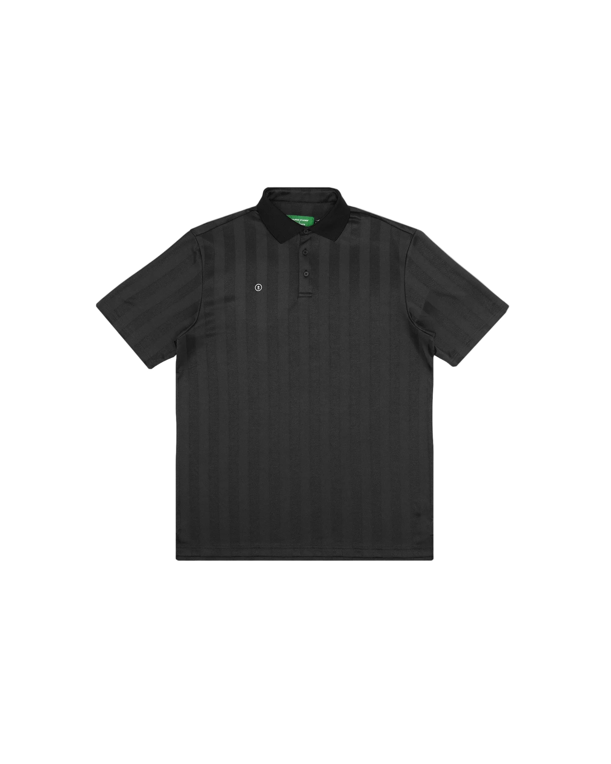 Black polo shirt with a brand logo on a white background