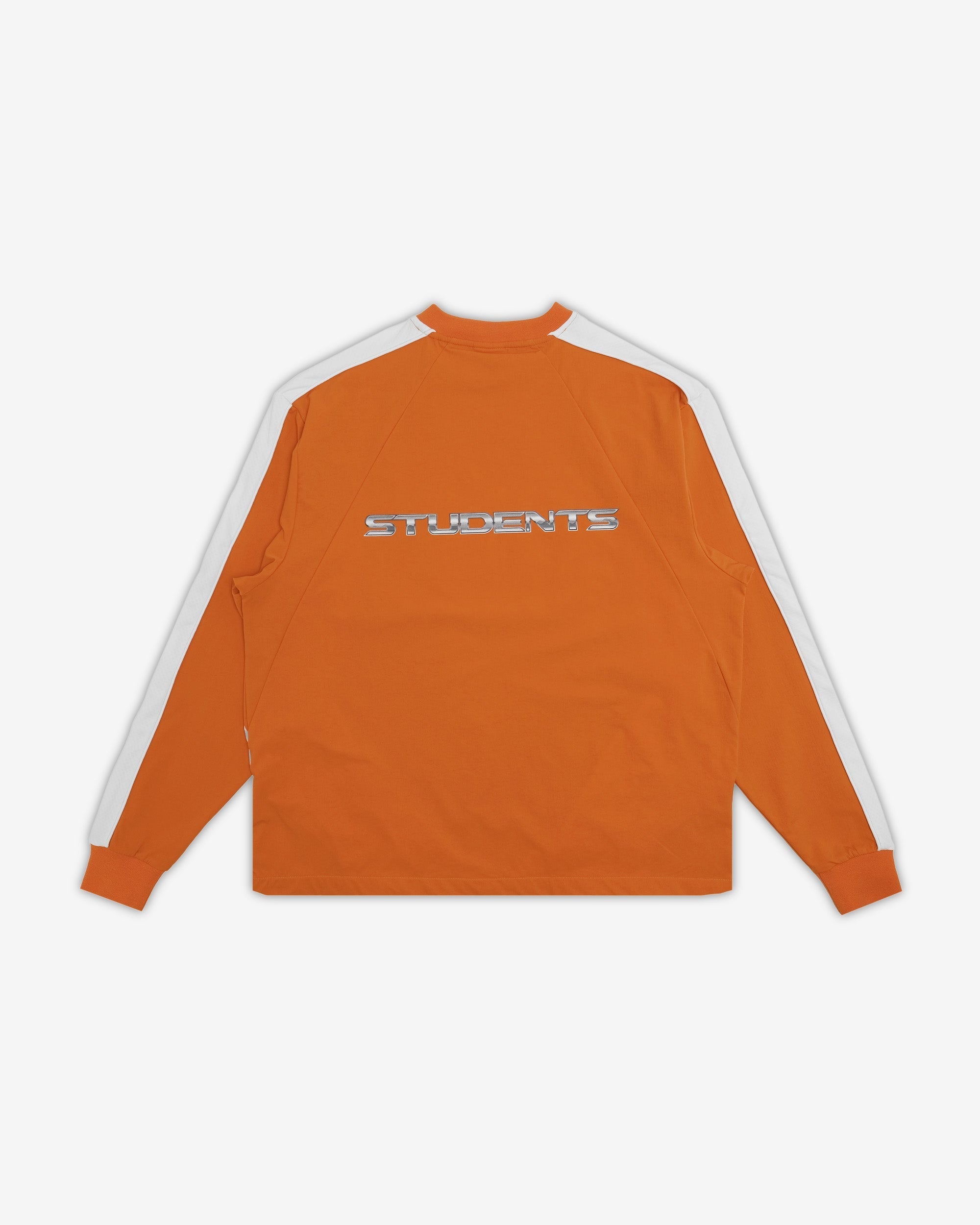 Orange long-sleeve shirt with white stripes on a white background