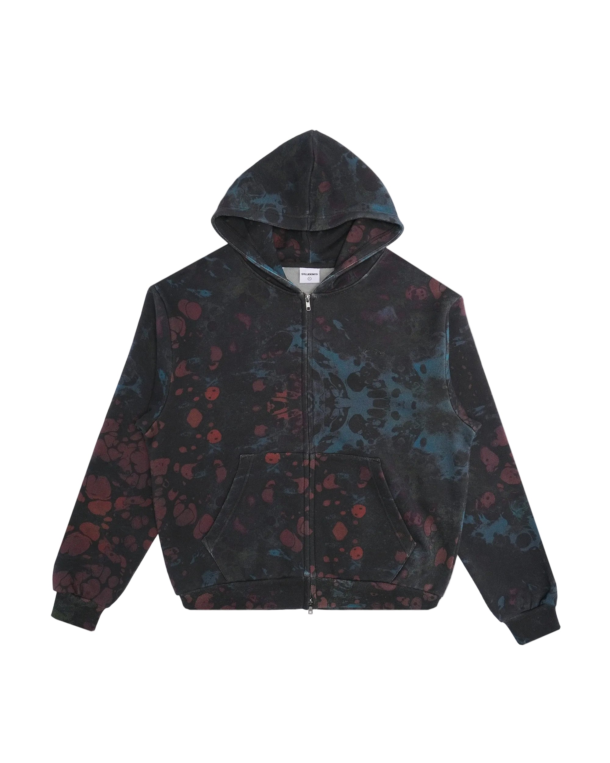 Black hoodie with red and blue abstract pattern on a white background
