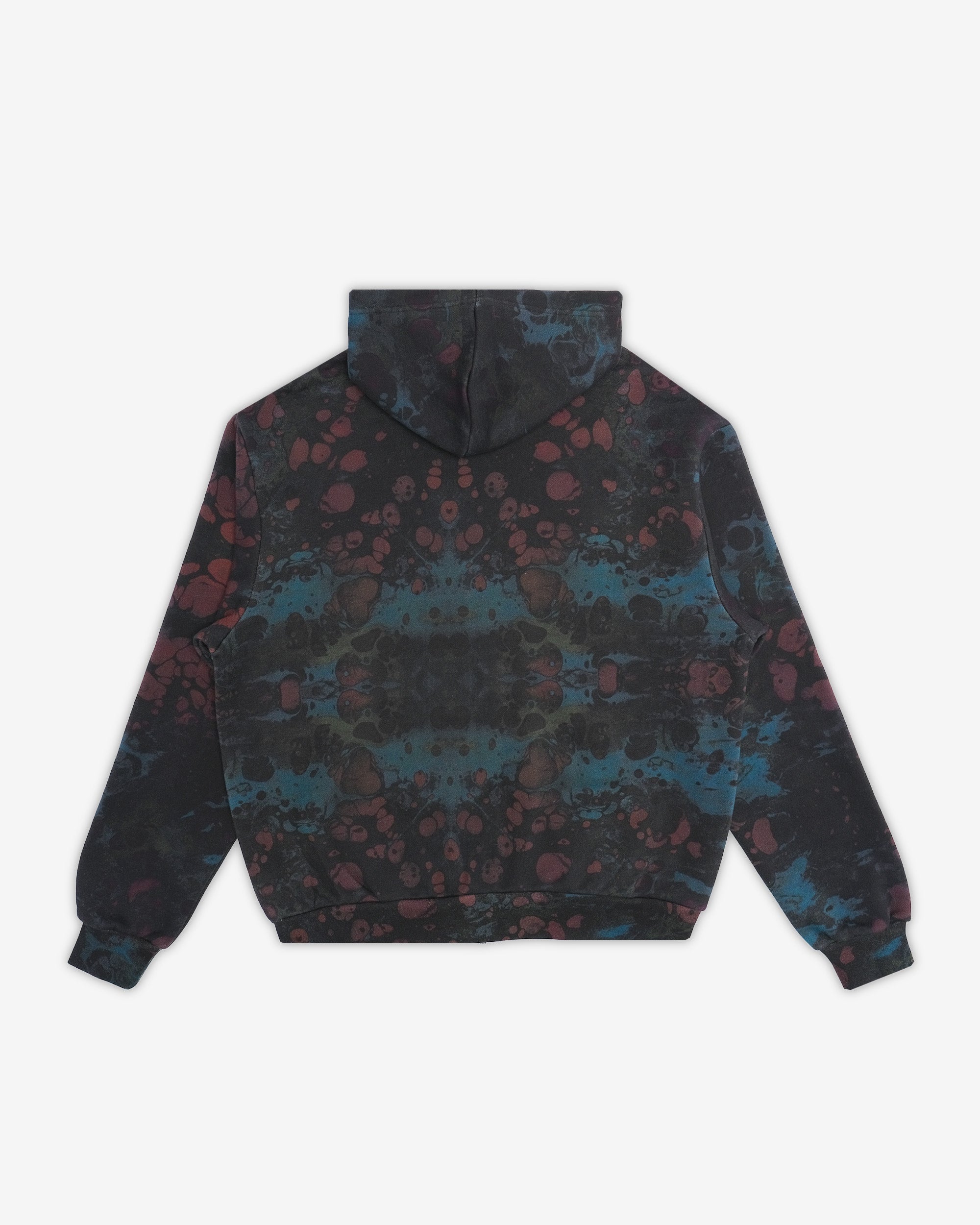 Hoodie with a tie-dye pattern on a white background