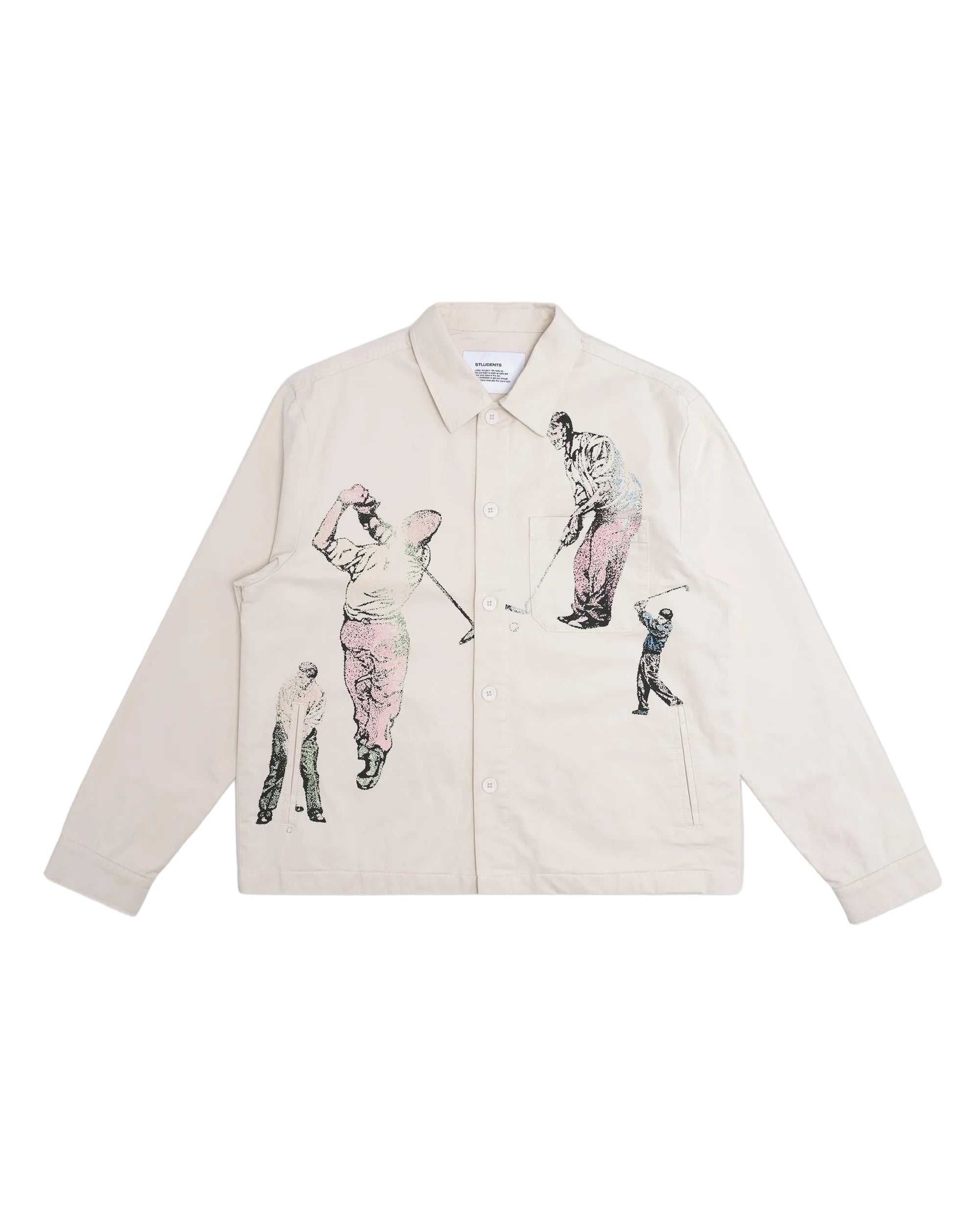 Beige jacket with golf-themed graphics on a white background